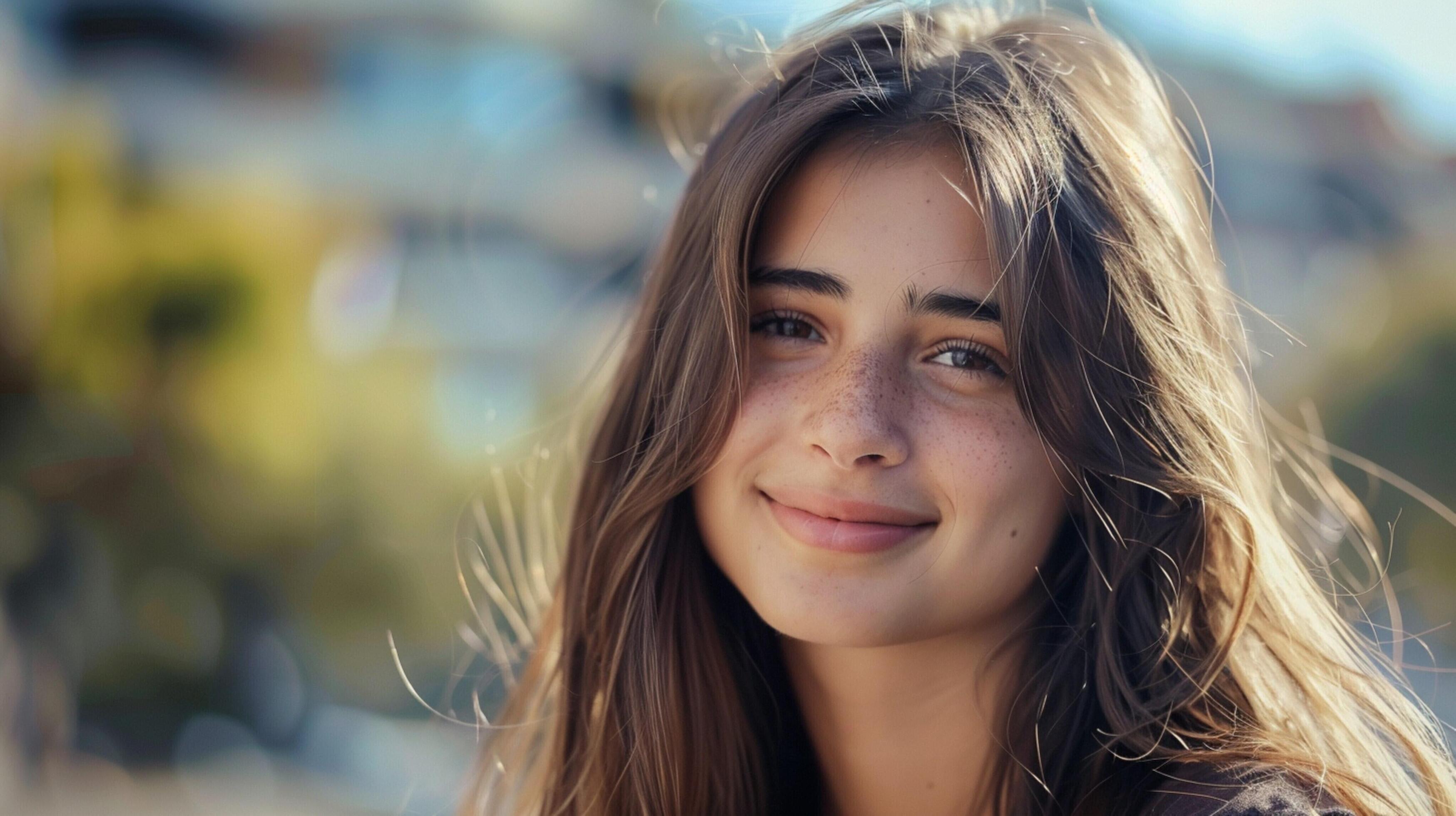 young woman with long brown hair smiling Stock Free