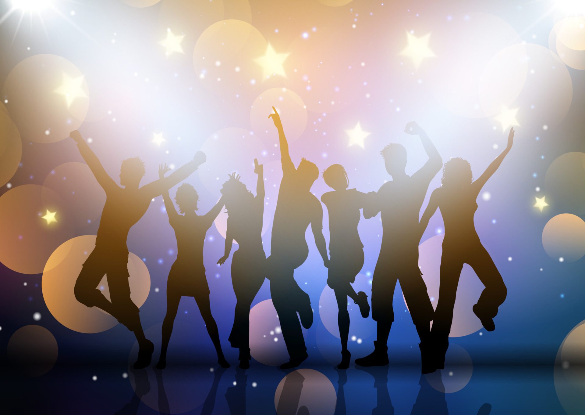 silhouettes of party people dancing on lights and stars background Free Vector