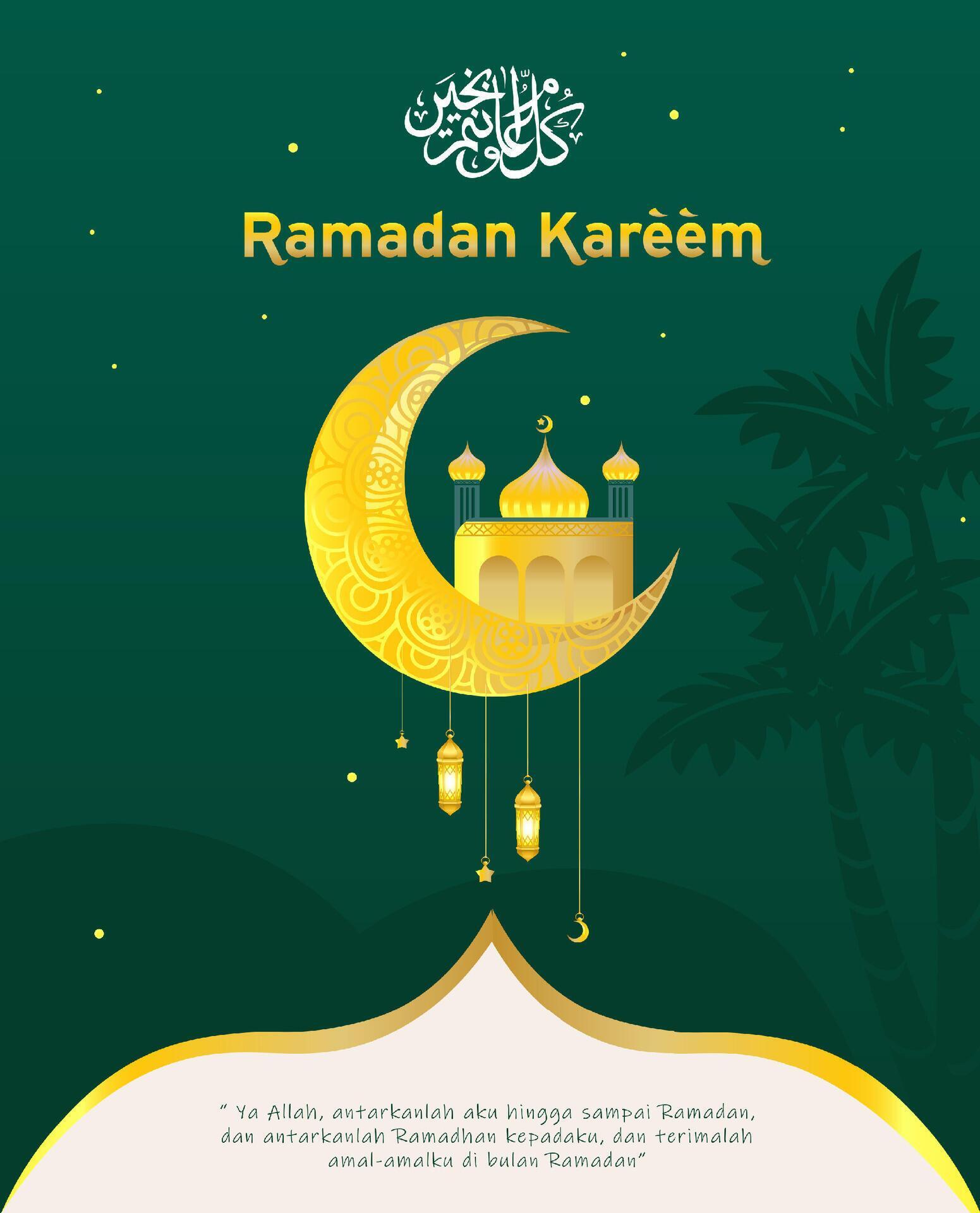 Ramadan kareem with lantern, mosque, moon and star . Green background and grey with letter. Muslim festival with family and food Stock Free