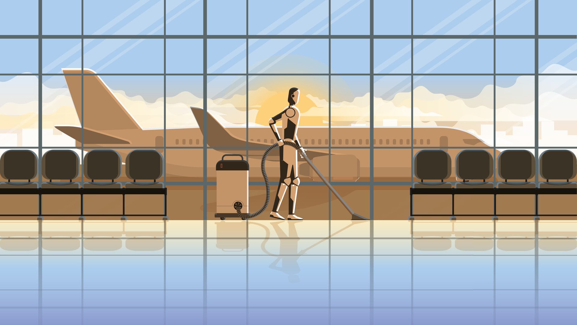 cyborg clean in an airport terminal for 24 hours in early morning sunrise without people. Free Vector