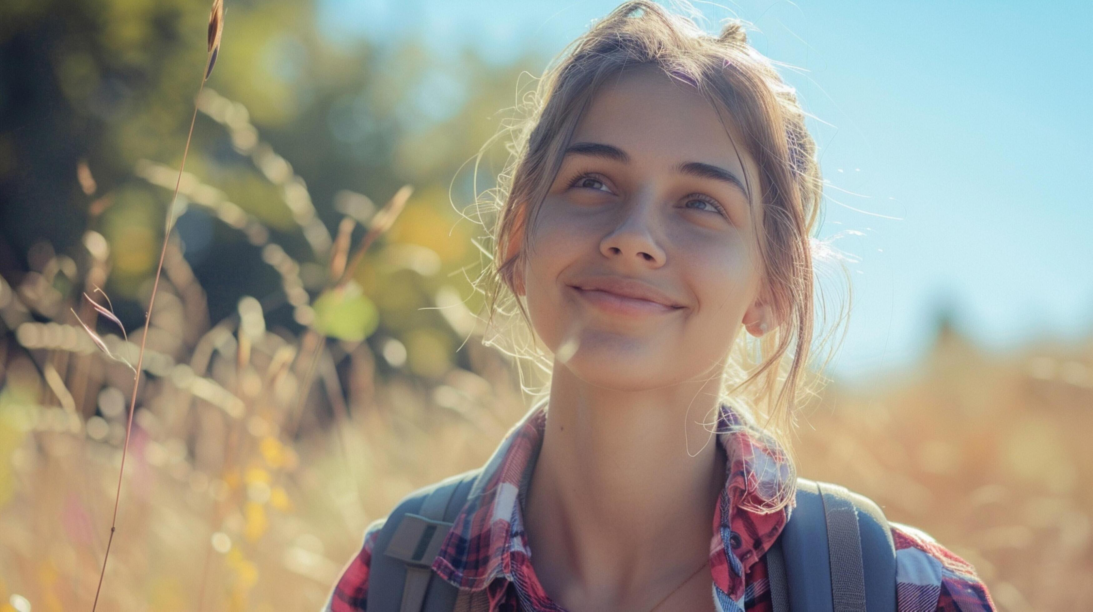 young woman outdoors looking at camera smiling Stock Free