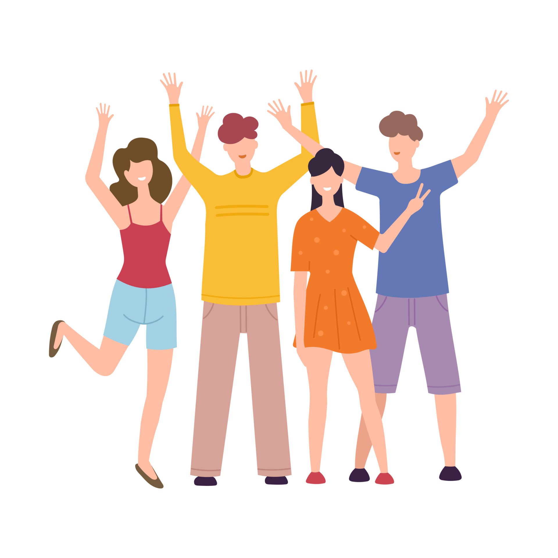 Group of cheerful young people standing together waving and greeting. Happy team concept. Vector illustration Free Vector