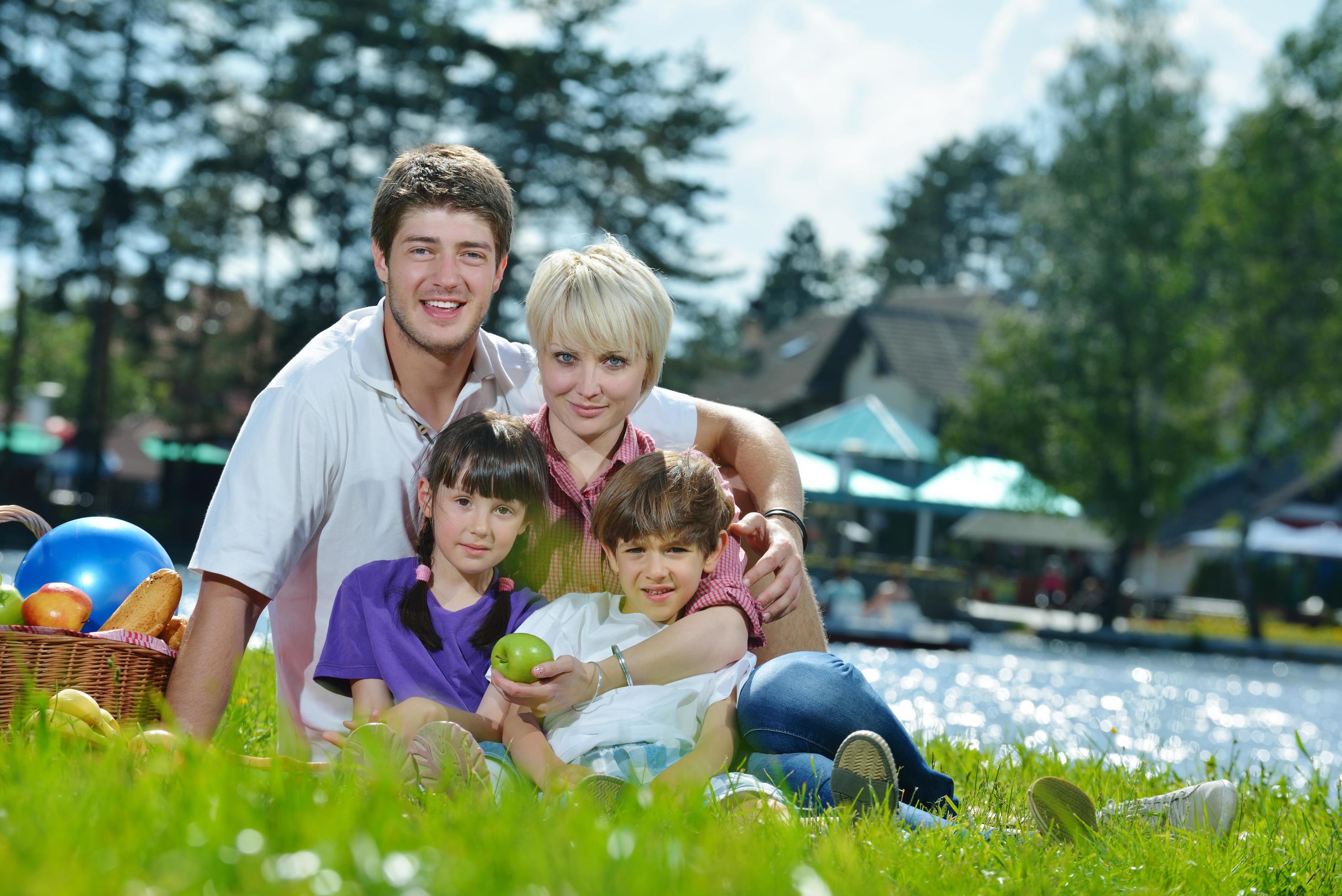 Happy family playing together in a picnic outdoors Stock Free