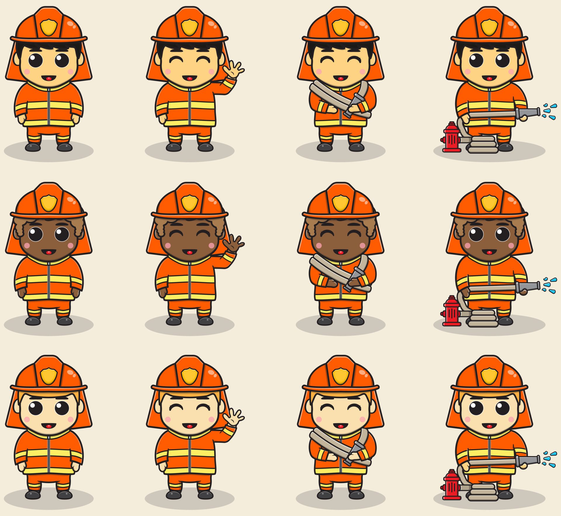 Boy Firefighter cartoon set Free Vector