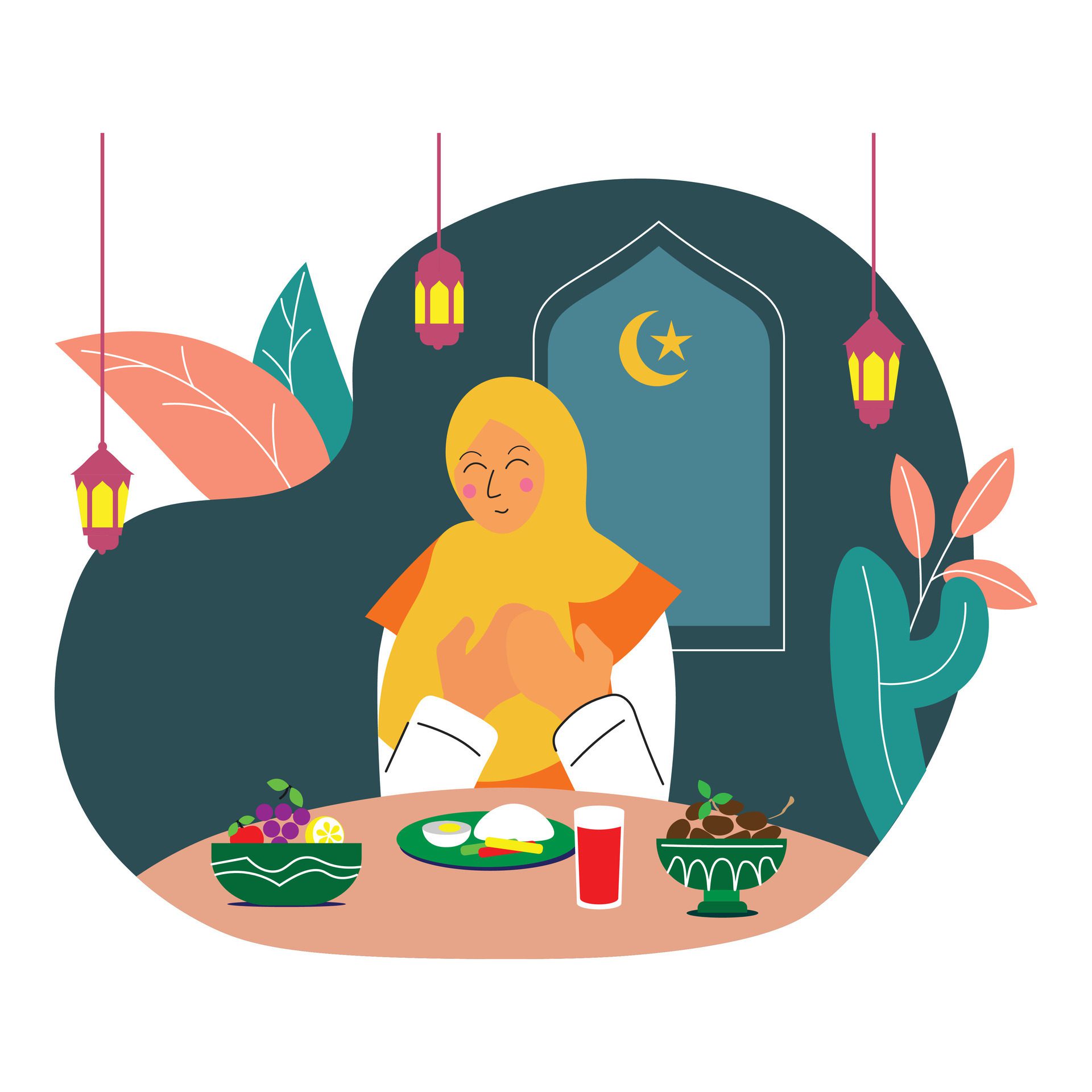 Iftar flat illustration with food on the table. People pray for iftar Free Vector