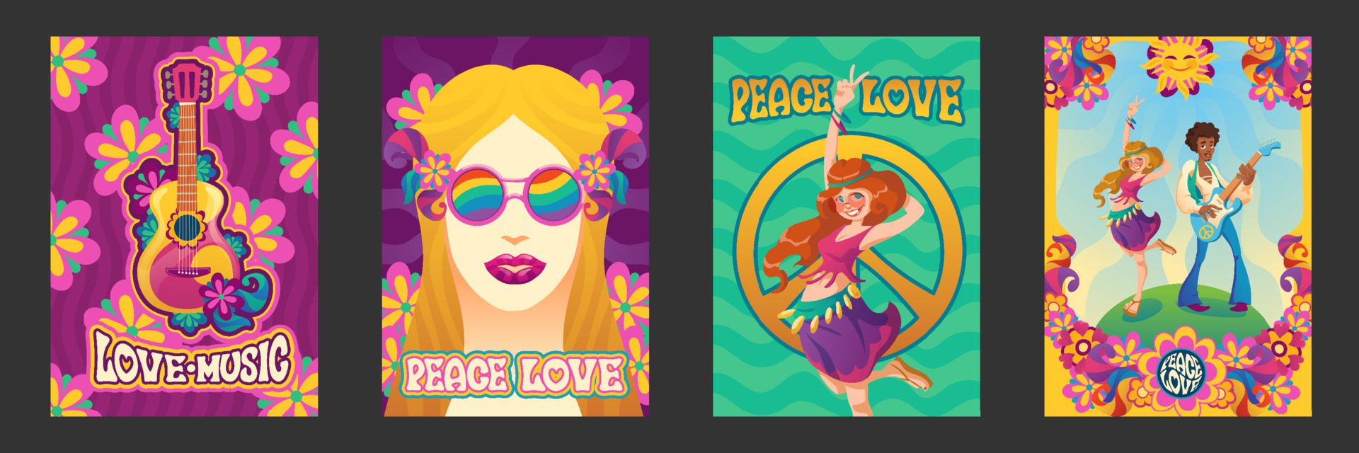 Hippie peace and love posters happy smiling people Free Vector