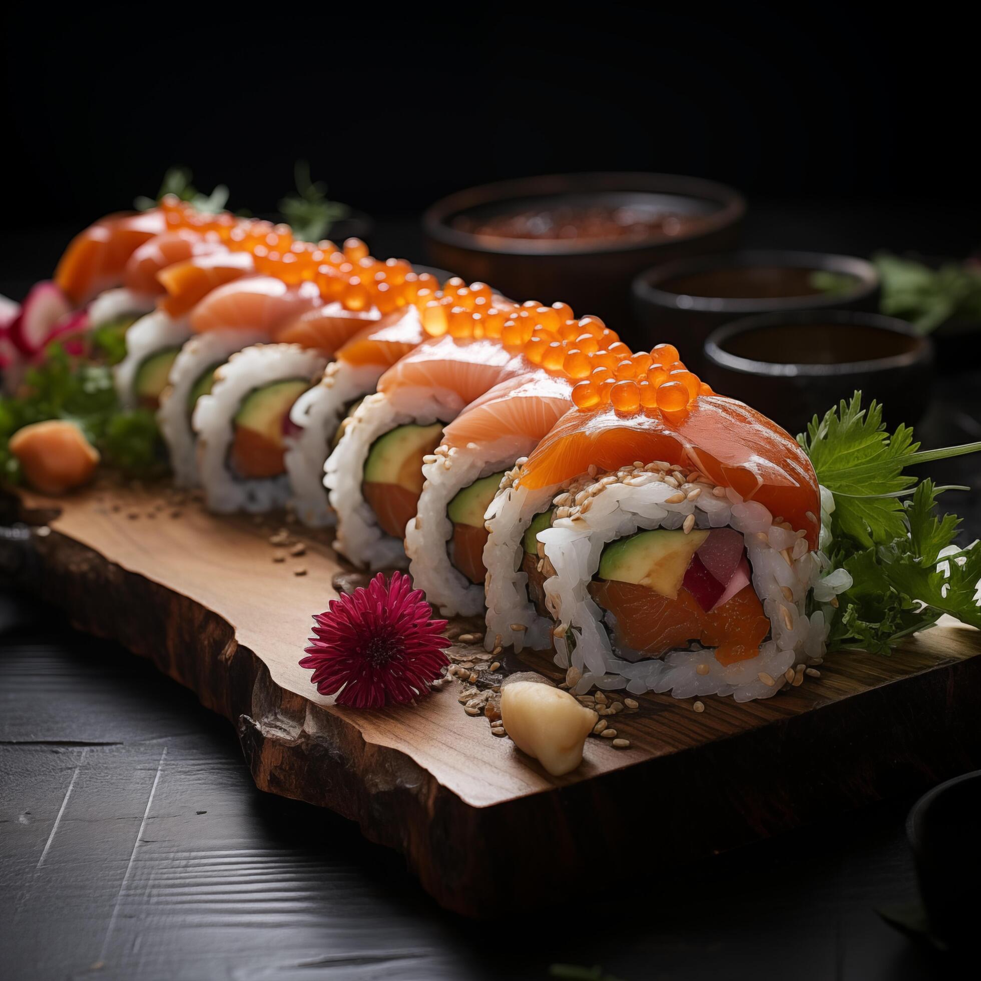 Wooden desk with different kinds of sushi isolated on white background. Photo for restaurant menu, advertising, delivery, banner Stock Free