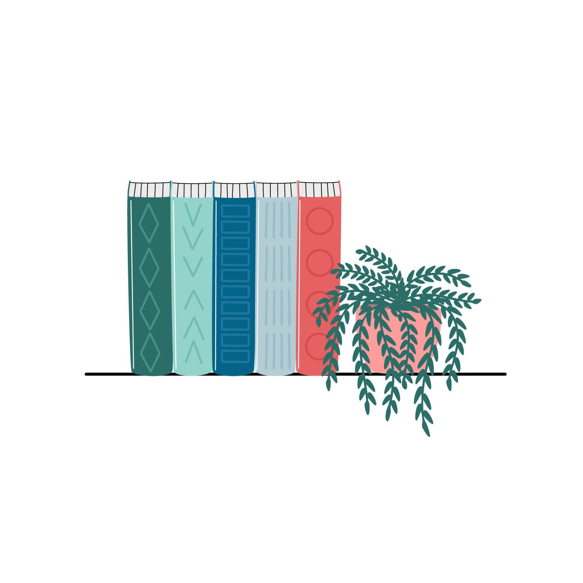 Collection of books. Library. Bookcase, bookshelf, book storage, flowers. Vector cartoon flat illustration. Stock Free