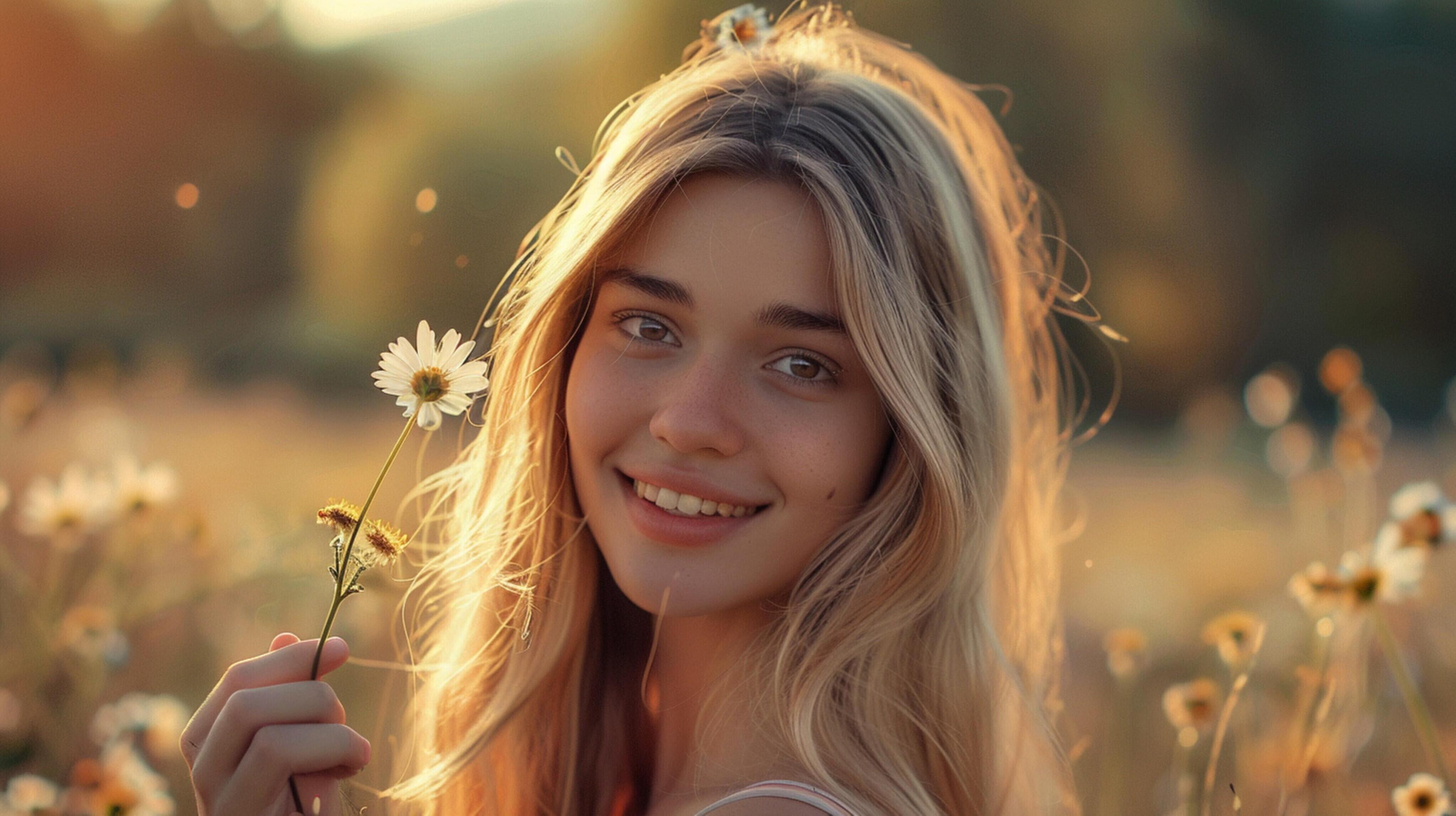 young woman with long blond hair smiling Stock Free