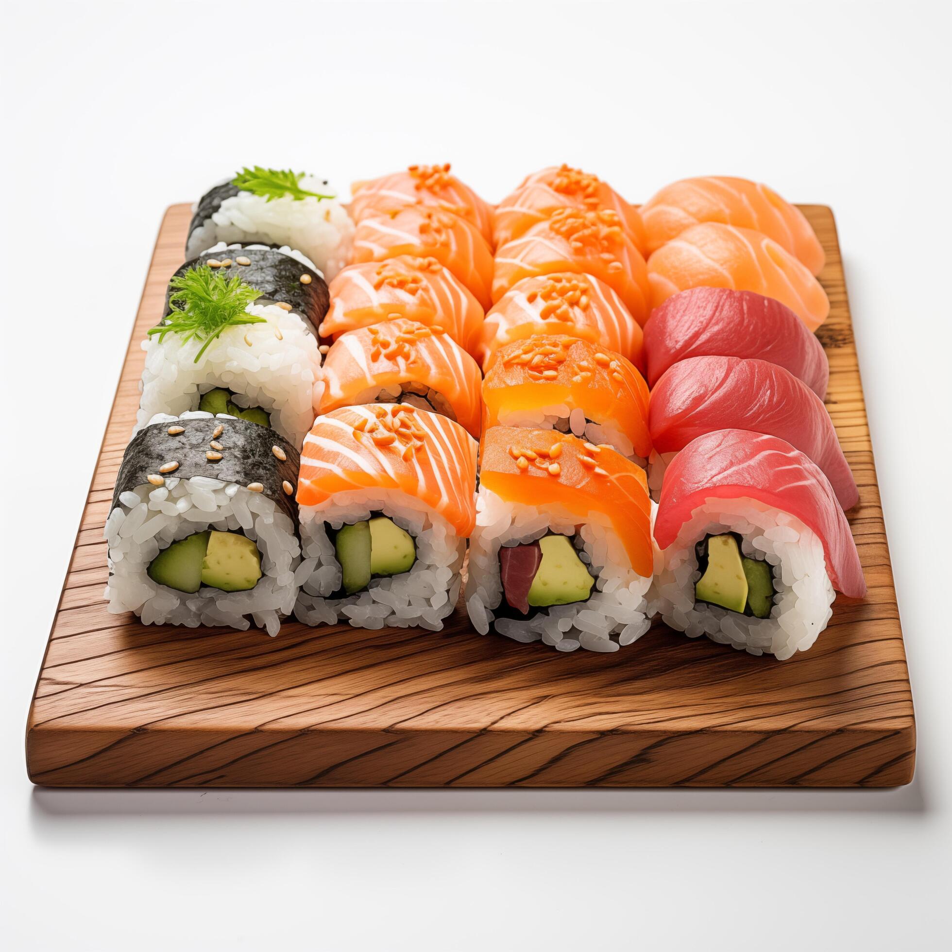 Wooden desk with different kinds of sushi isolated on white background. Photo for restaurant menu, advertising, delivery, banner Stock Free