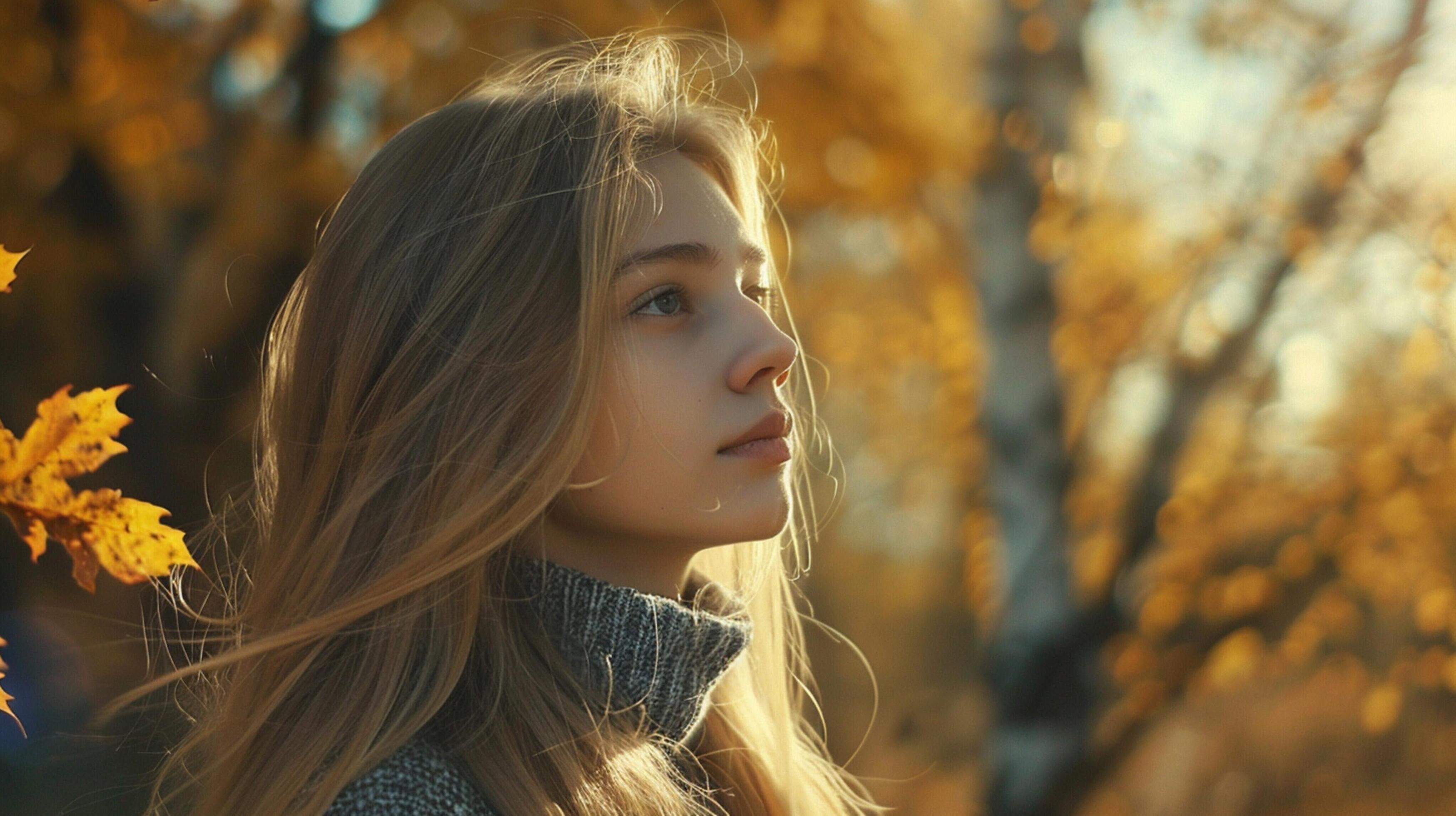 young woman with long blond hair enjoying autumn Stock Free