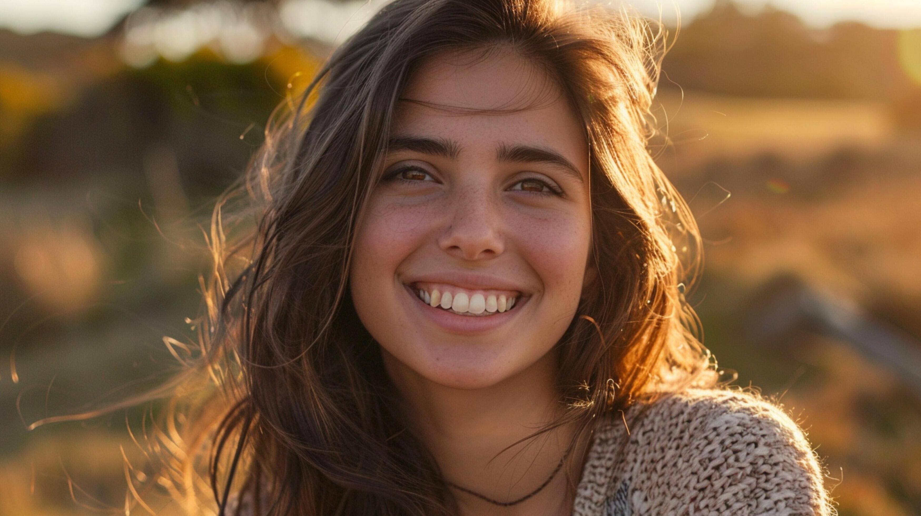 young woman with long brown hair smiling Stock Free