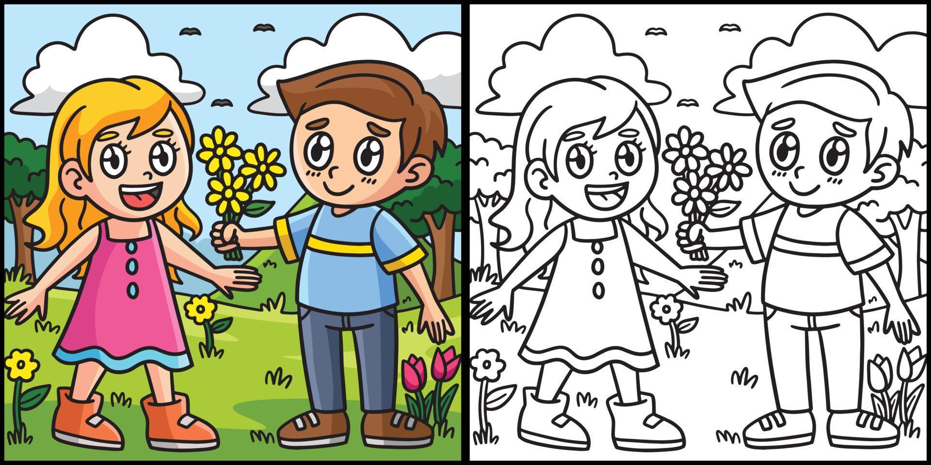 Boy Giving Flowers to Girl Coloring Illustration Stock Free