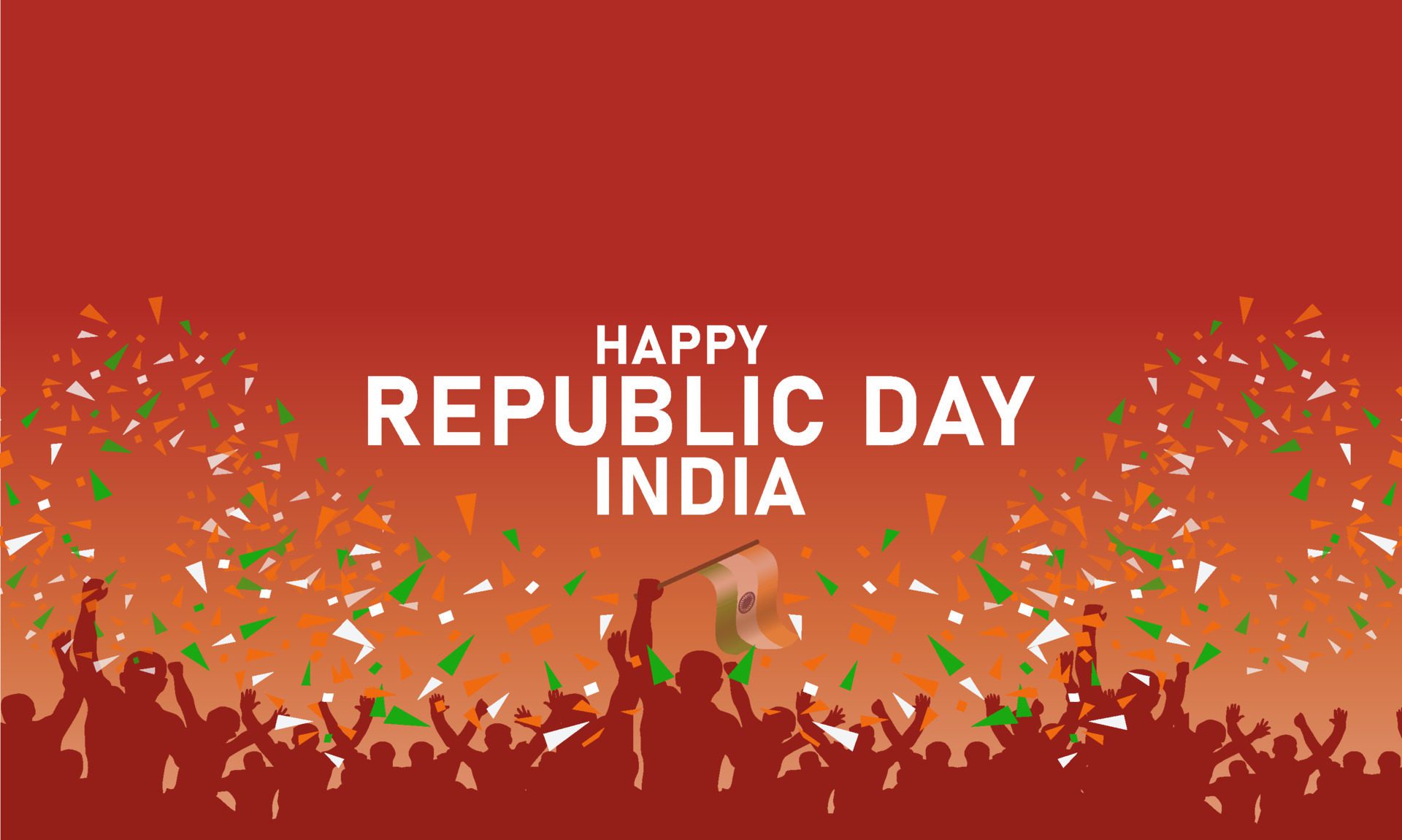 
									poster illustration for Republic Day celebration, gradient background, wavy Indian flag, crowd of people partying celebrating victory Free Vector