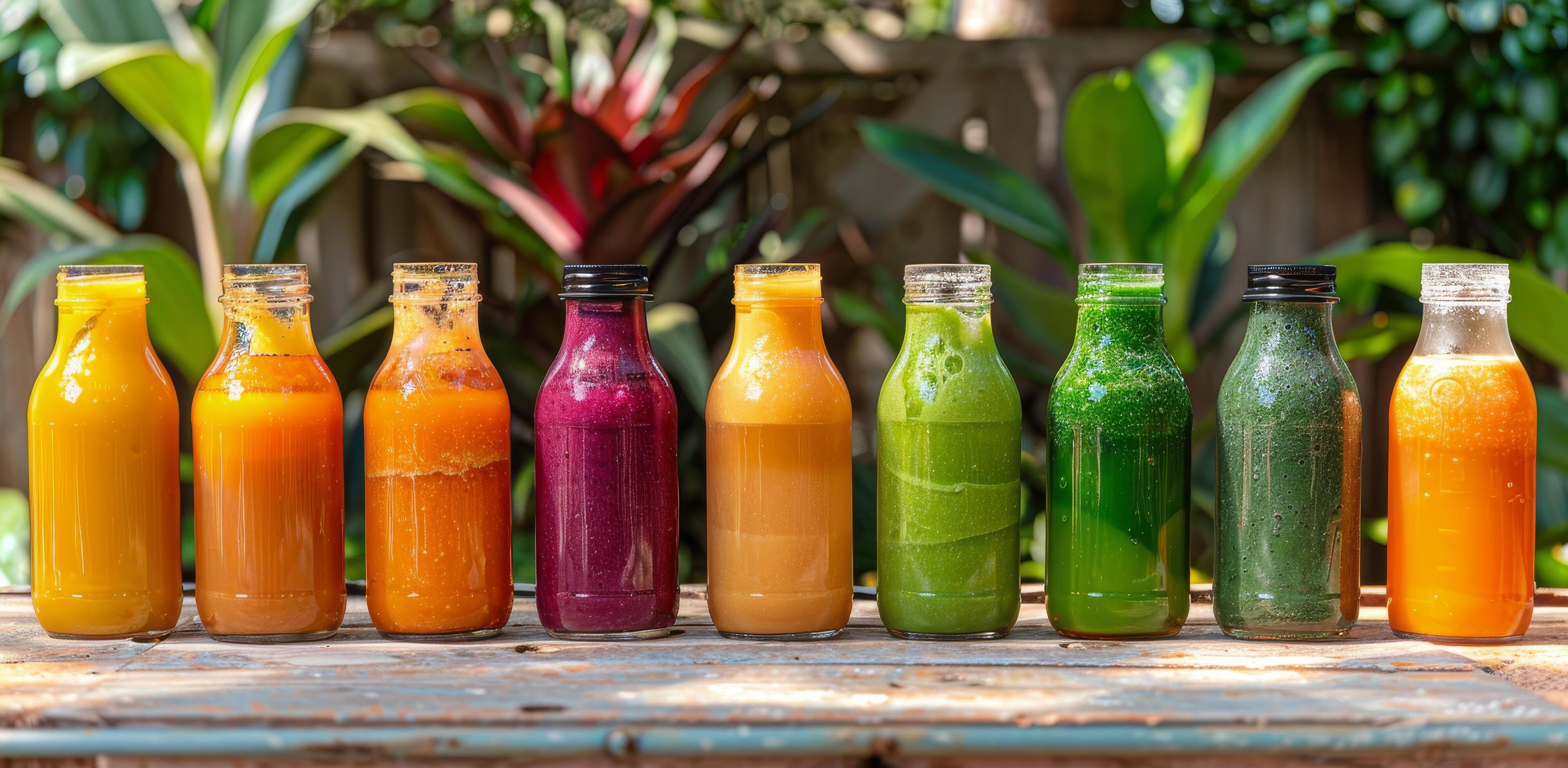 Colorful Glass Bottles of Juice Lined Up on Wooden Table With Green Plants in Background Stock Free