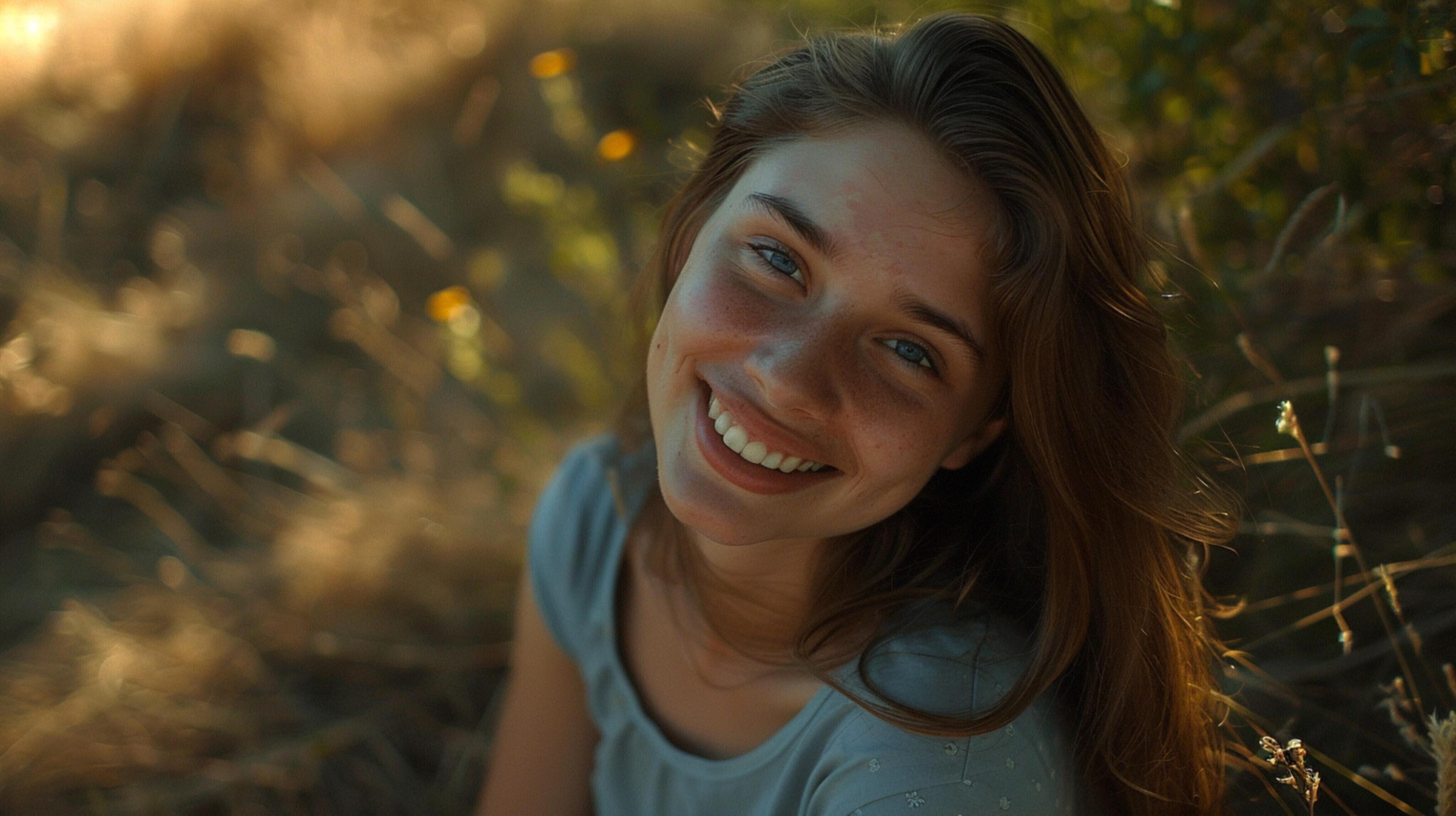 young woman with long brown hair smiling Stock Free