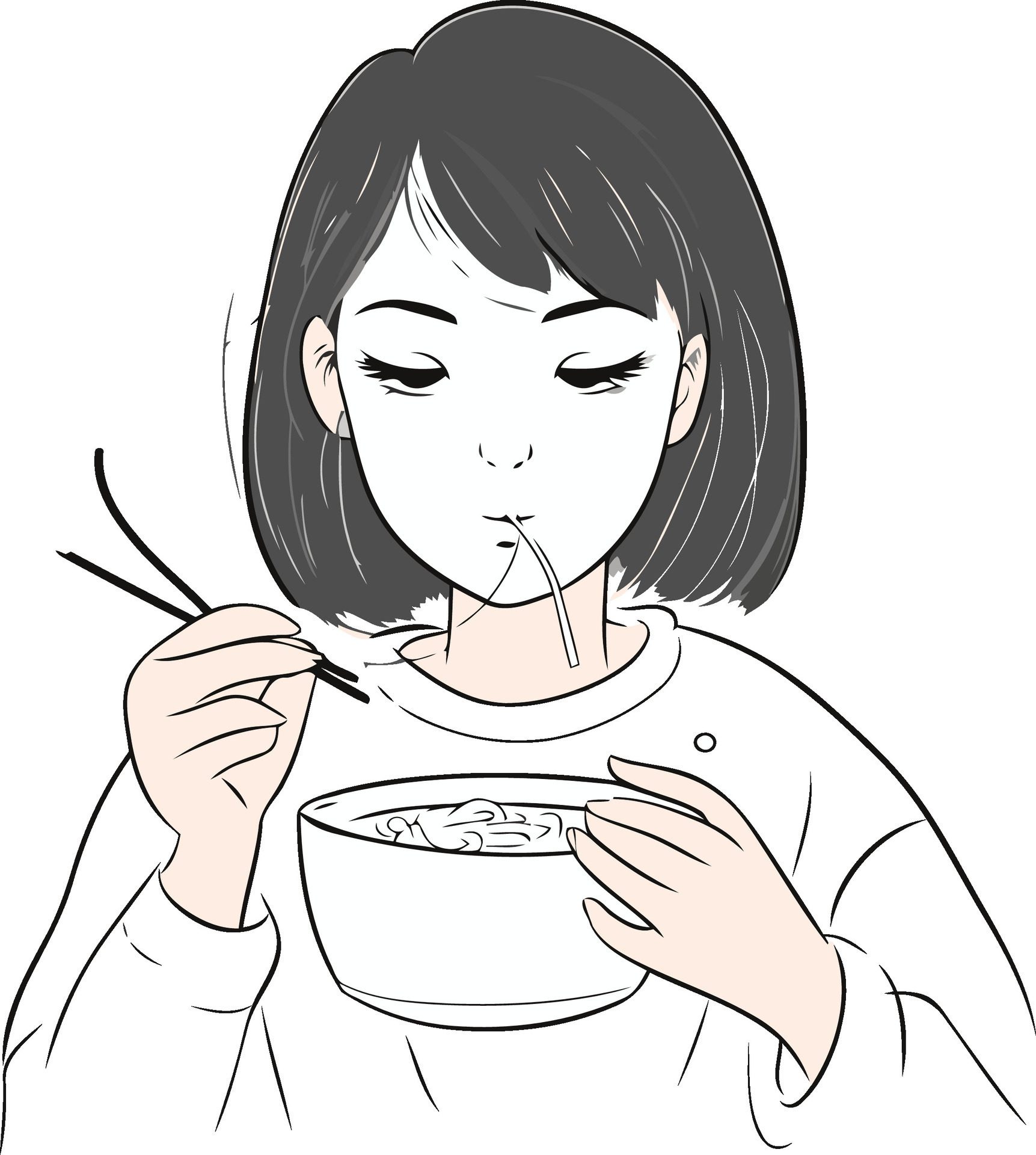 eating. japanese food. food. meal. dinner. girl. japanese. illustration. lunch. woman. person. white background. cute. lady. adult. one. 20s. people. young. 20’s. Free Vector