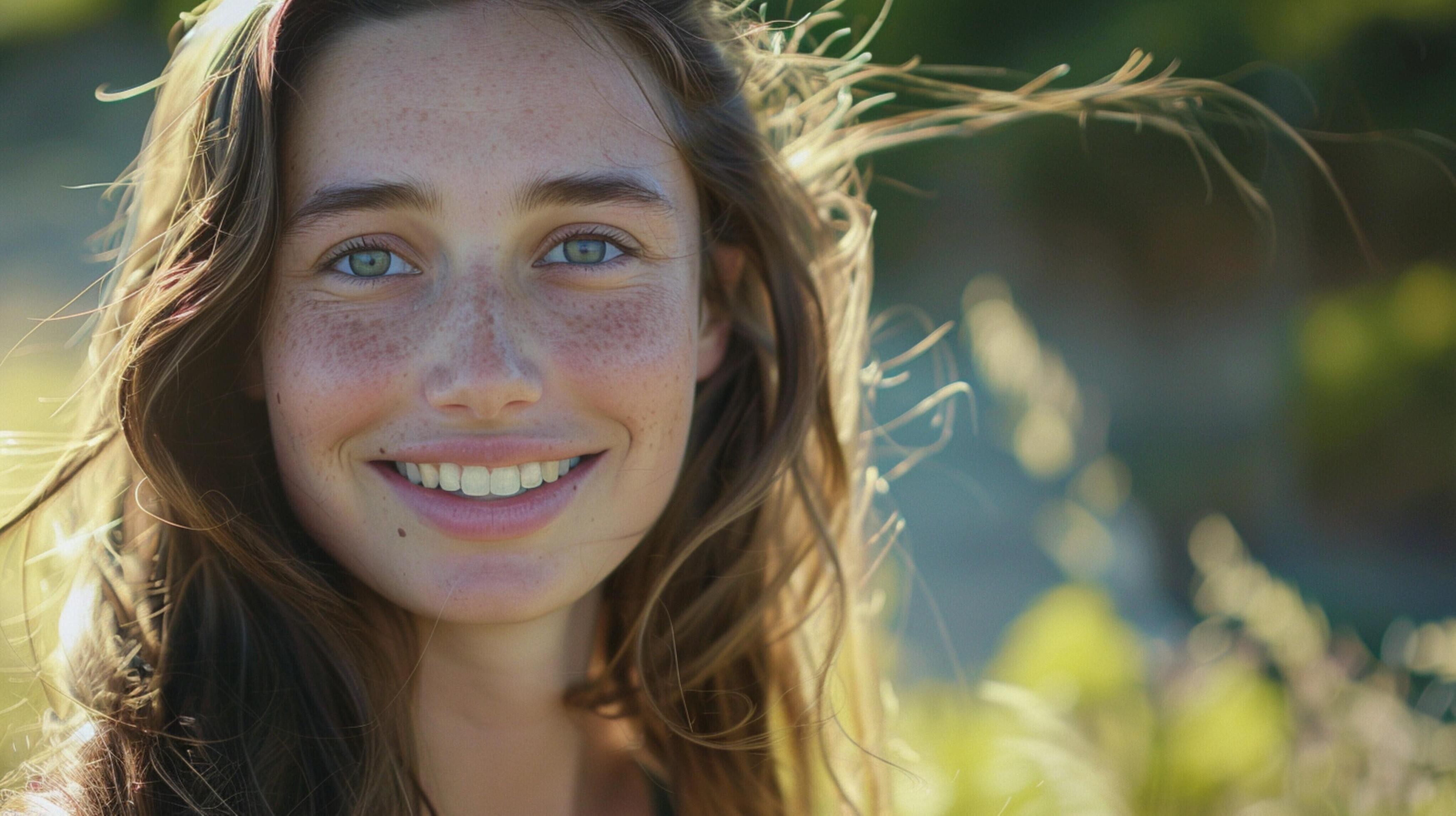 young woman with long brown hair smiling Stock Free