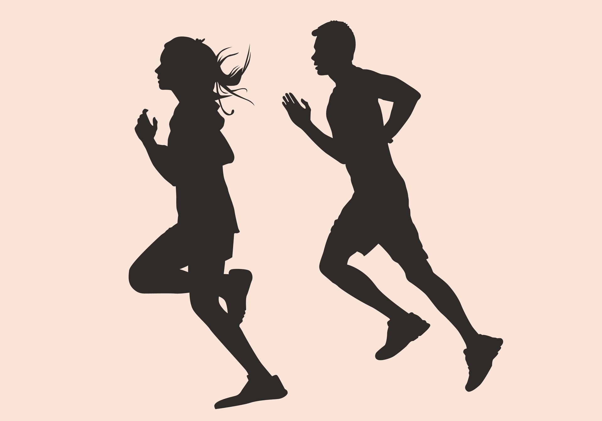 
									Active people running exercise silhouette flat style. Man woman gym jogging black and white.. Isolated object on soft color. Free Vector