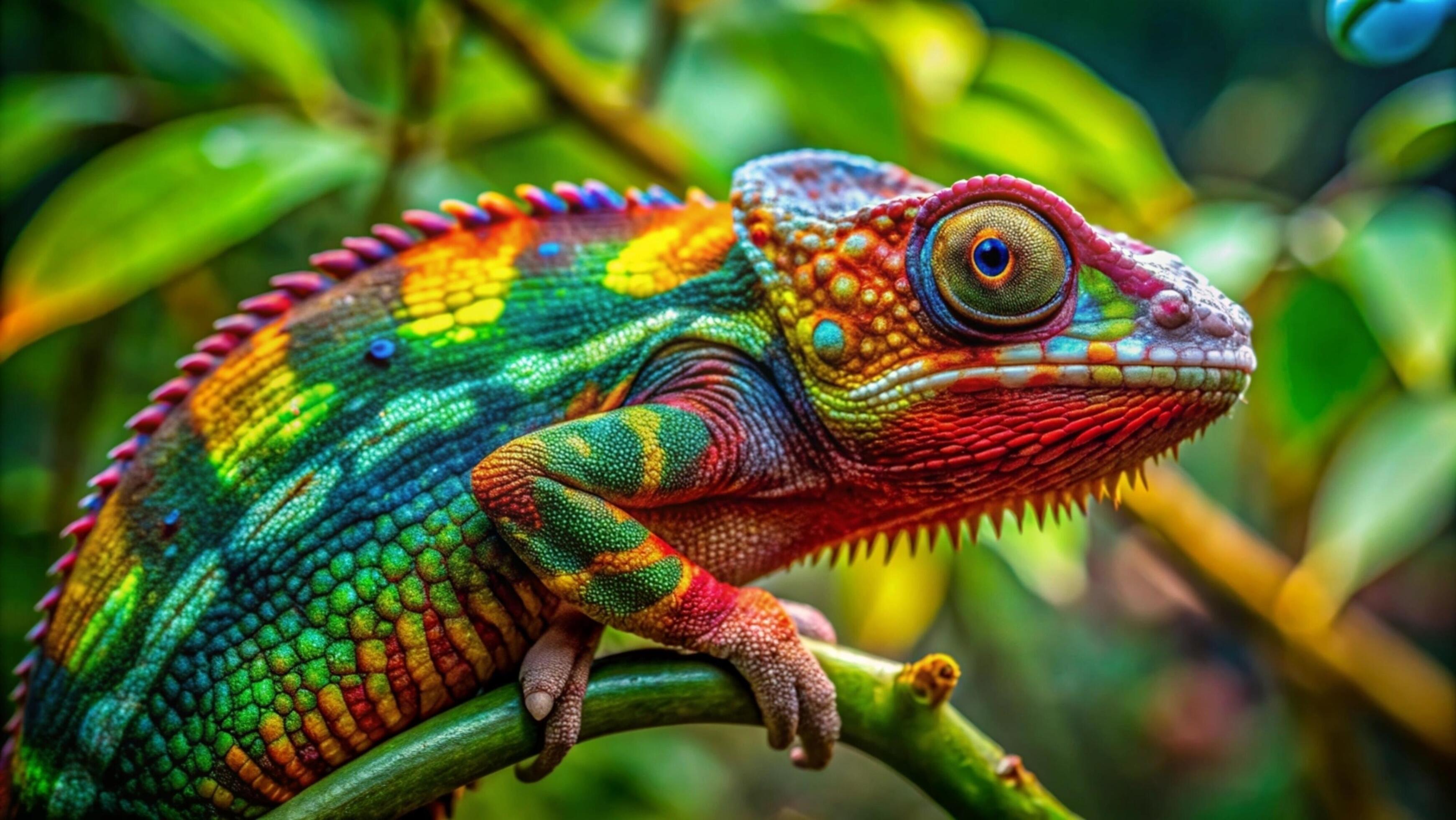 A vibrant chameleon camouflaging against a lush green forest background. Stock Free