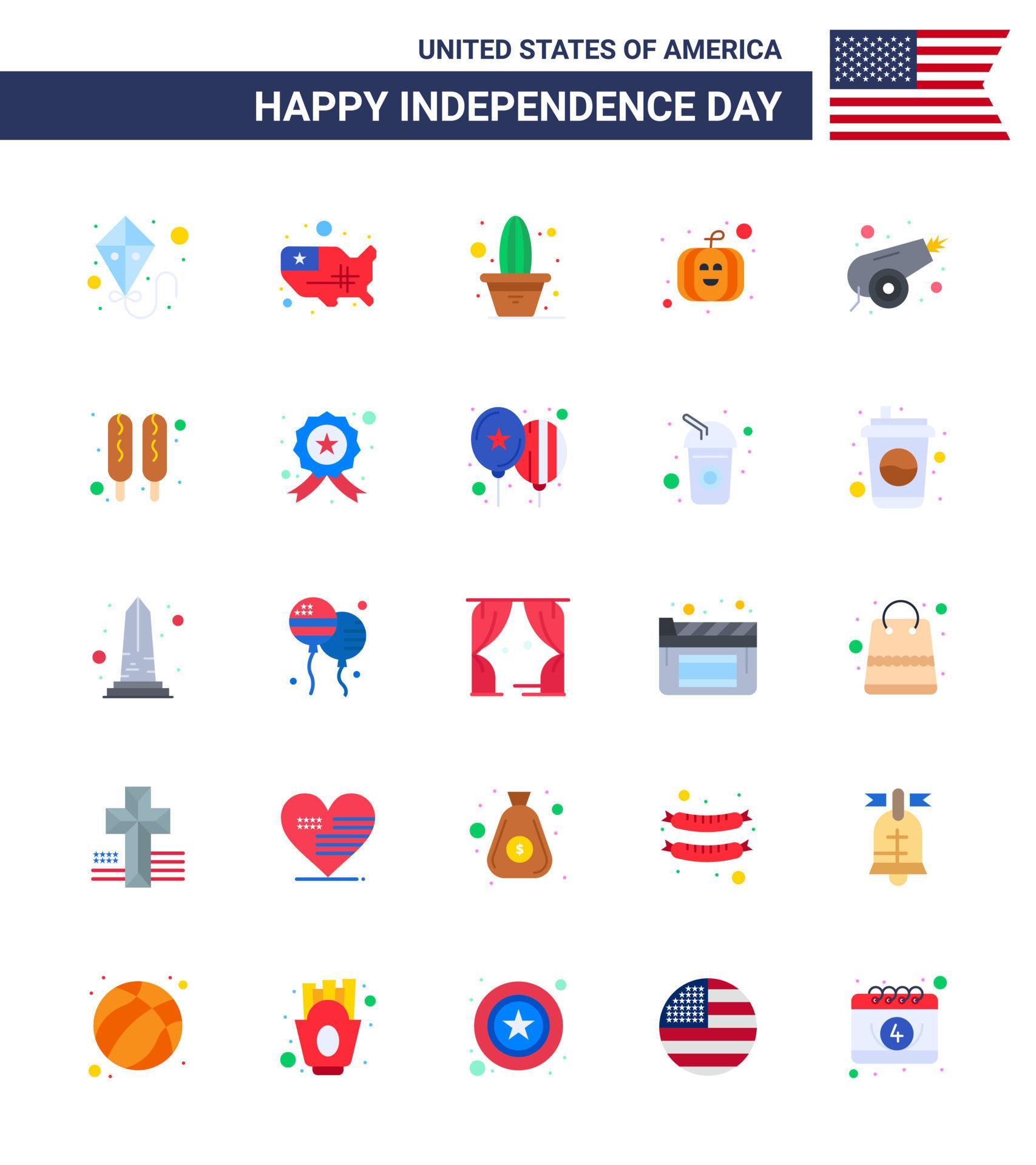 Editable Vector Flat Pack of USA Day 25 Simple Flats of weapon canon flower army pumpkin Editable USA Day Vector Design Elements Stock Free