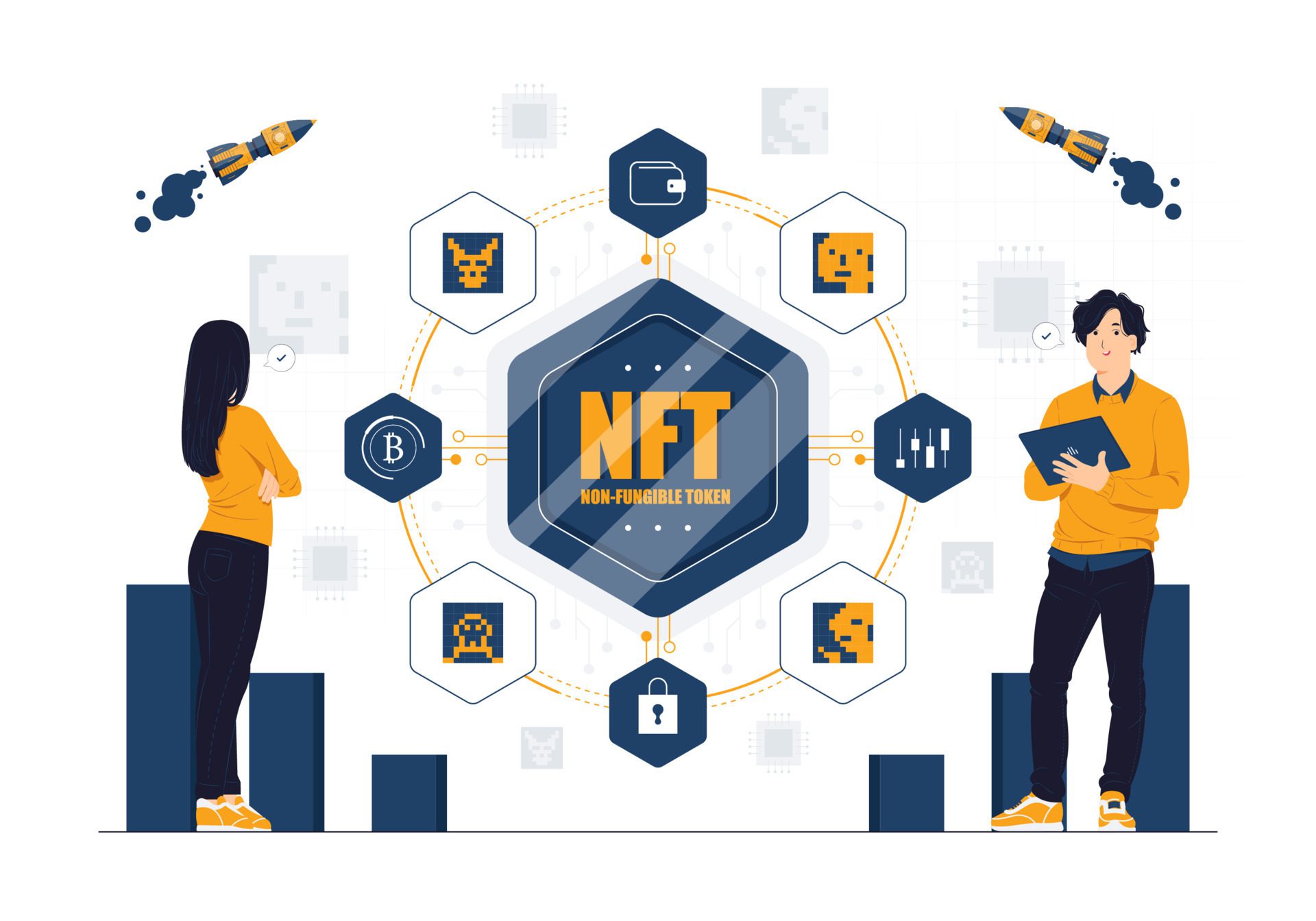 Vector concept illustration of non fungible token or nft, digital crypto art blockchain technology flat cartoon style Free Vector