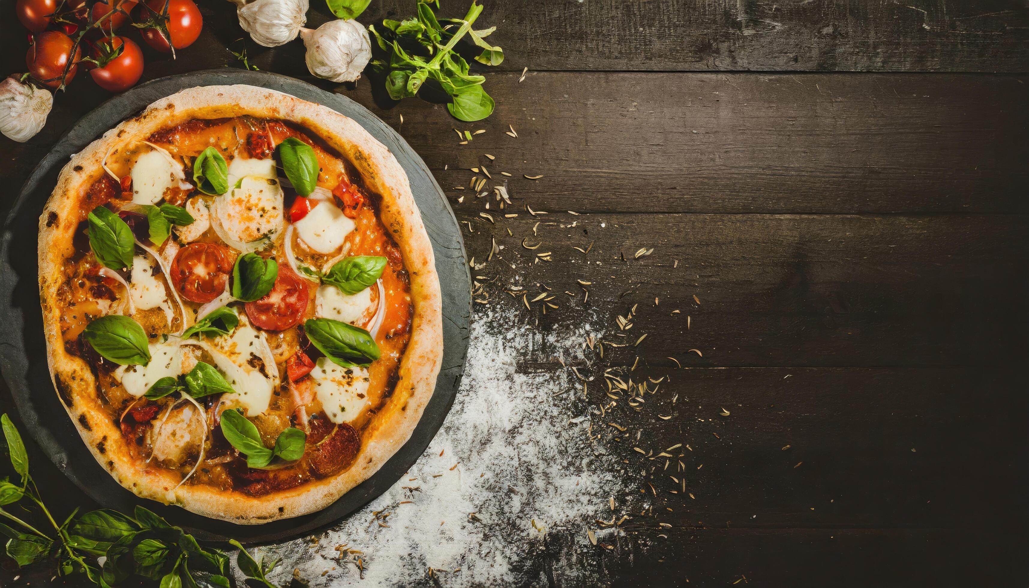 Copy Space image of Pizza Margherita on wooden background, Pizza Margarita with Tomatoes, Stock Free