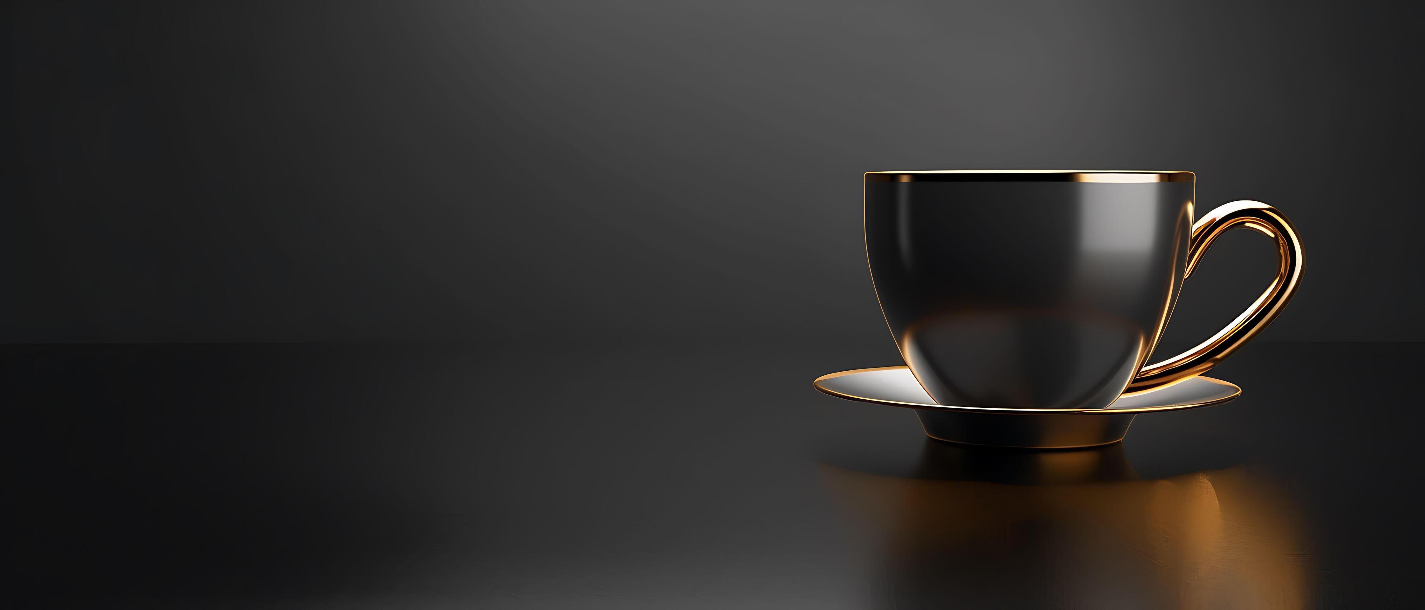 Shiny Metallic Coffee Cup on Dark Background with Reflections – Perfect for Branding and Copy Space Stock Free