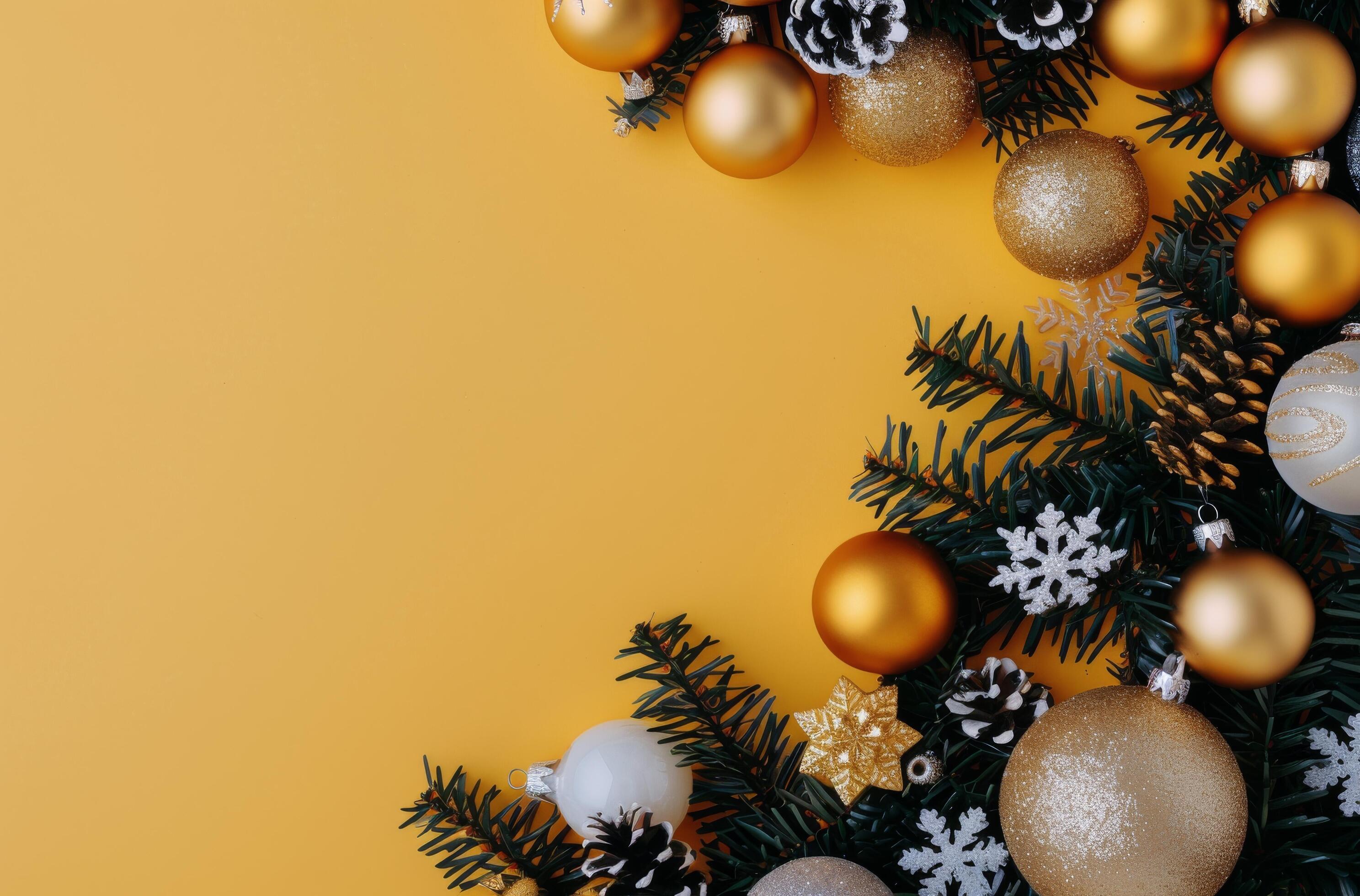 Pine Branches and Ornaments on Yellow Background Stock Free