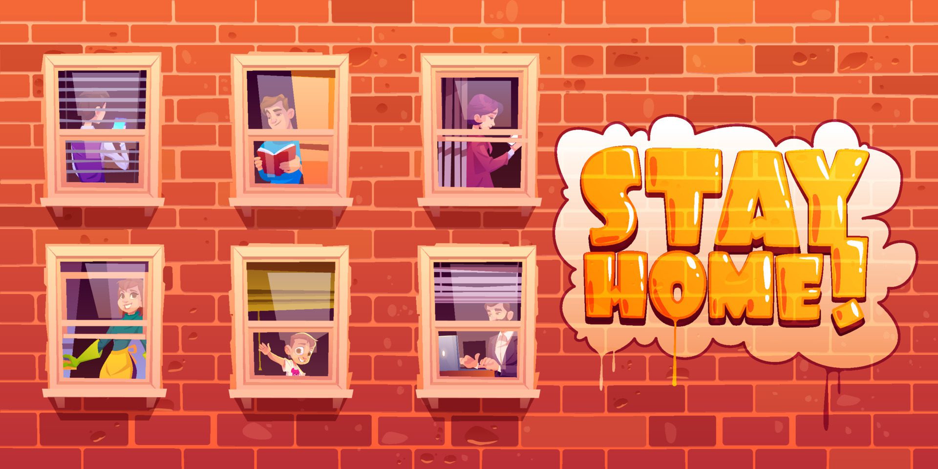 Stay home poster with people in windows Free Vector