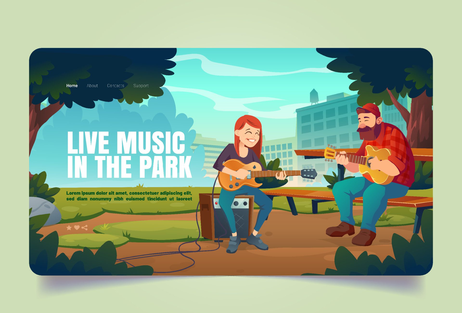 Banner with people play music in city park Free Vector