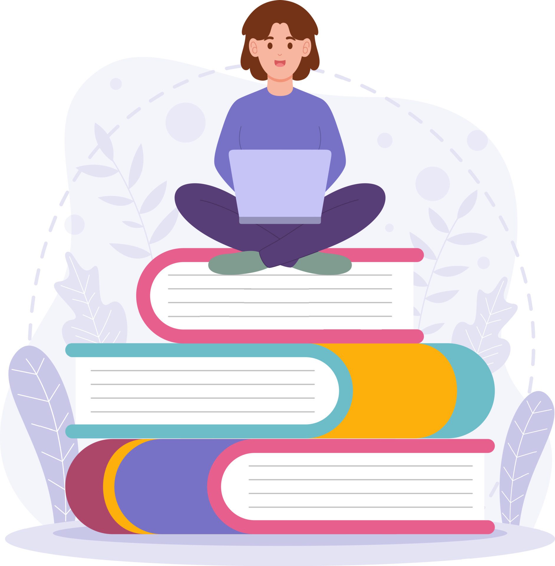 young woman playing laptop while sitting on a book Free Vector