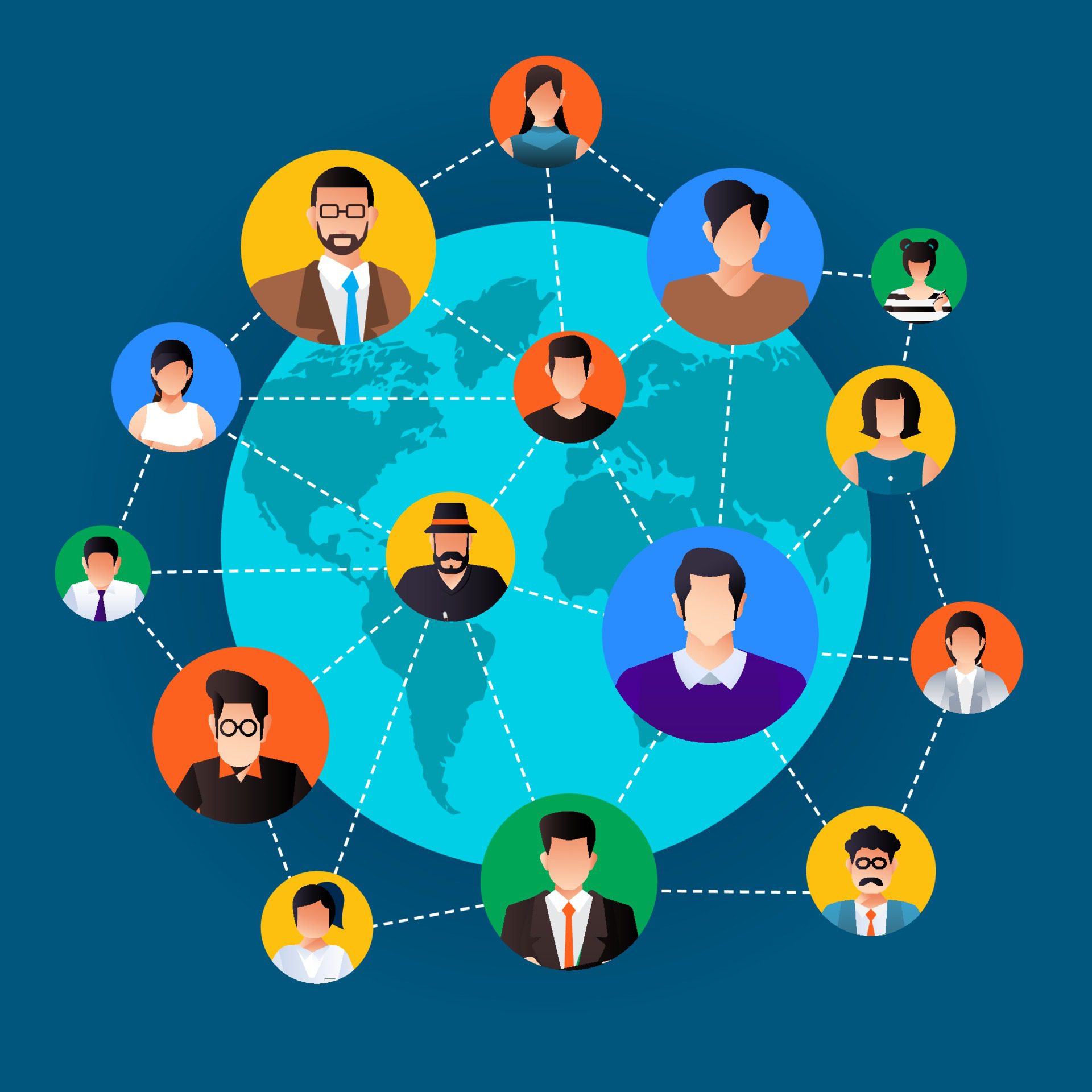 Flat design concept social network. Peoples connecting around the world with line and avatar icon. Vector illustrate. Free Vector