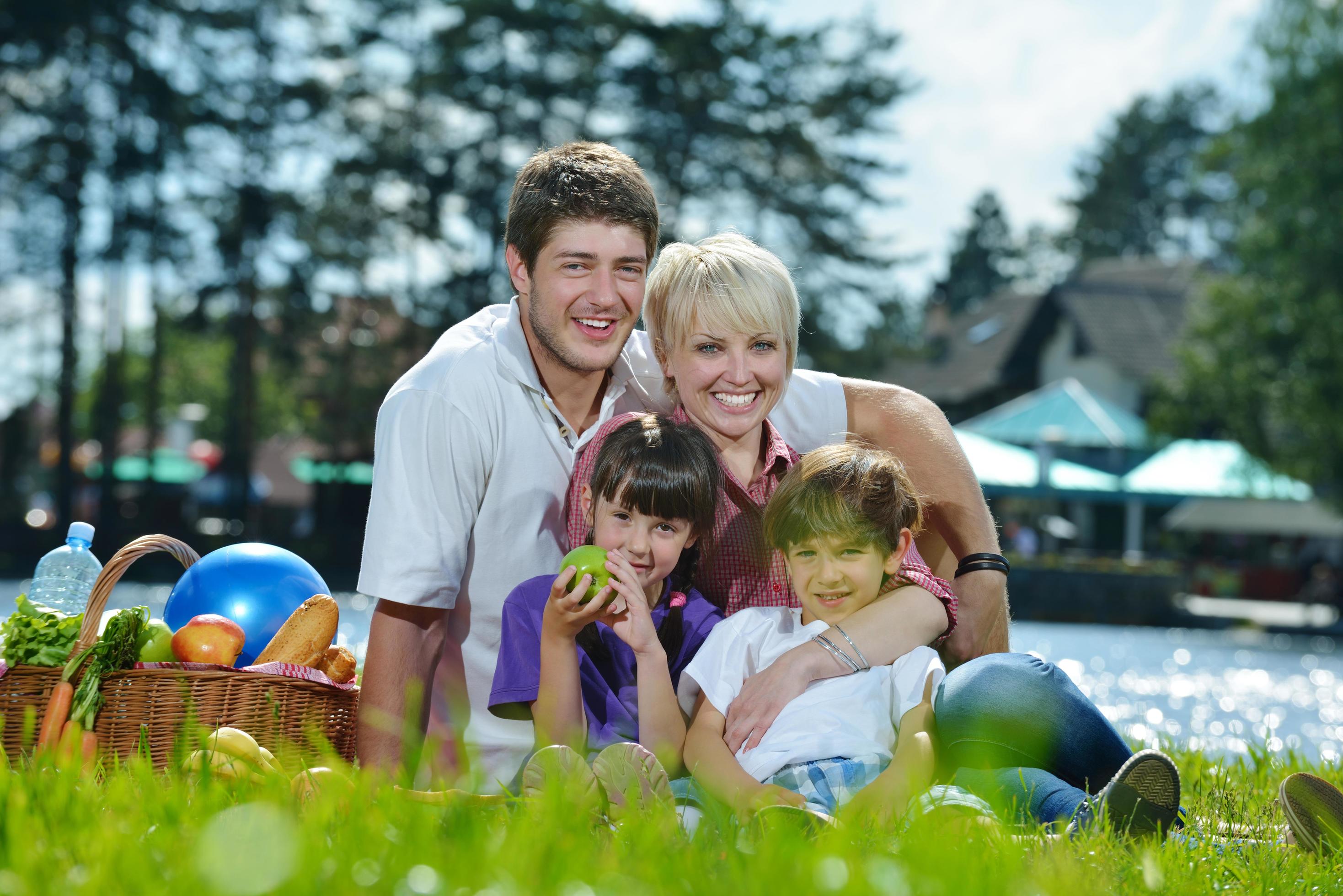 Happy family playing together in a picnic outdoors Stock Free