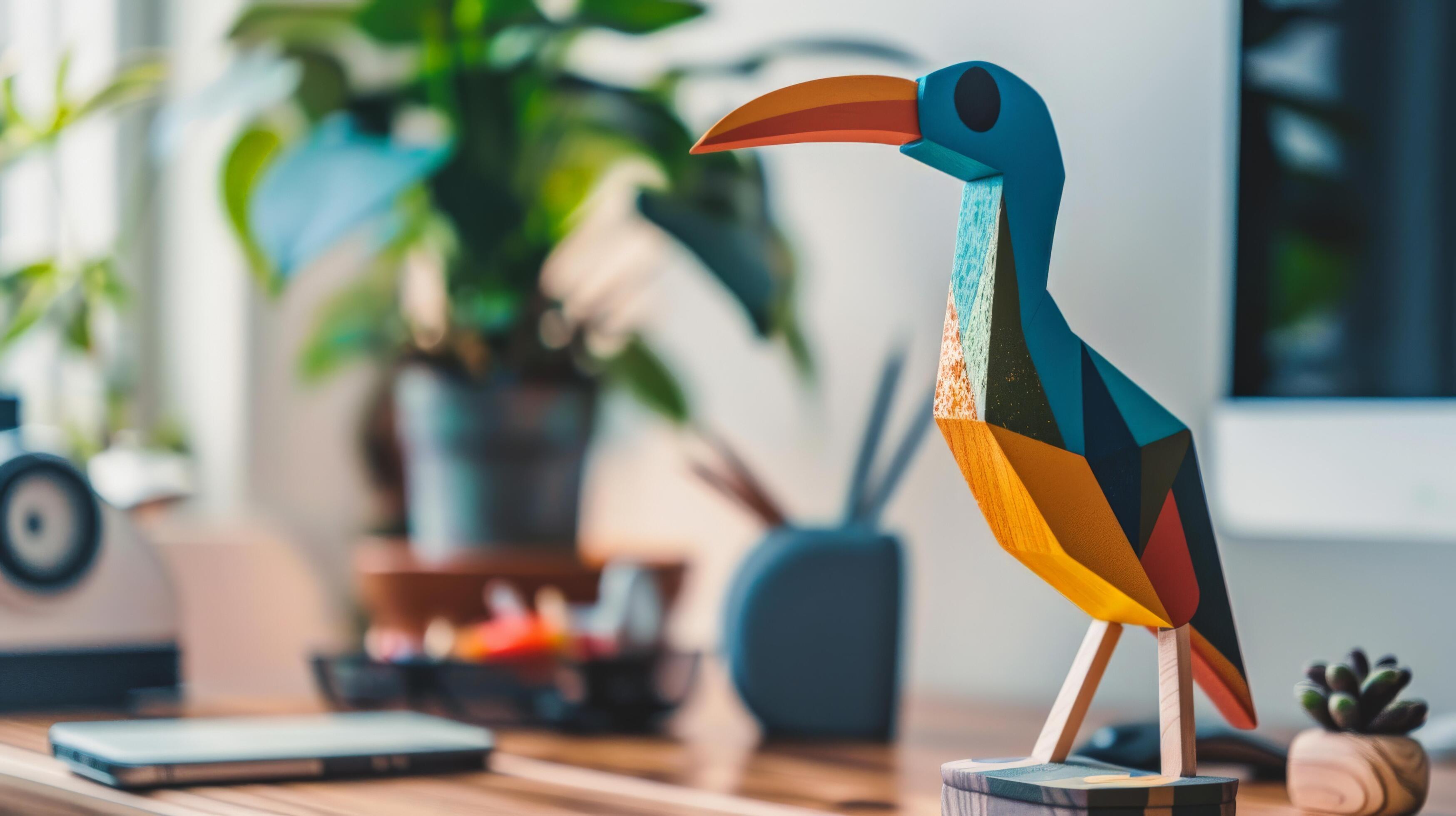 Colorful wooden heron toy on desk, blurred background of plant and accessories Stock Free