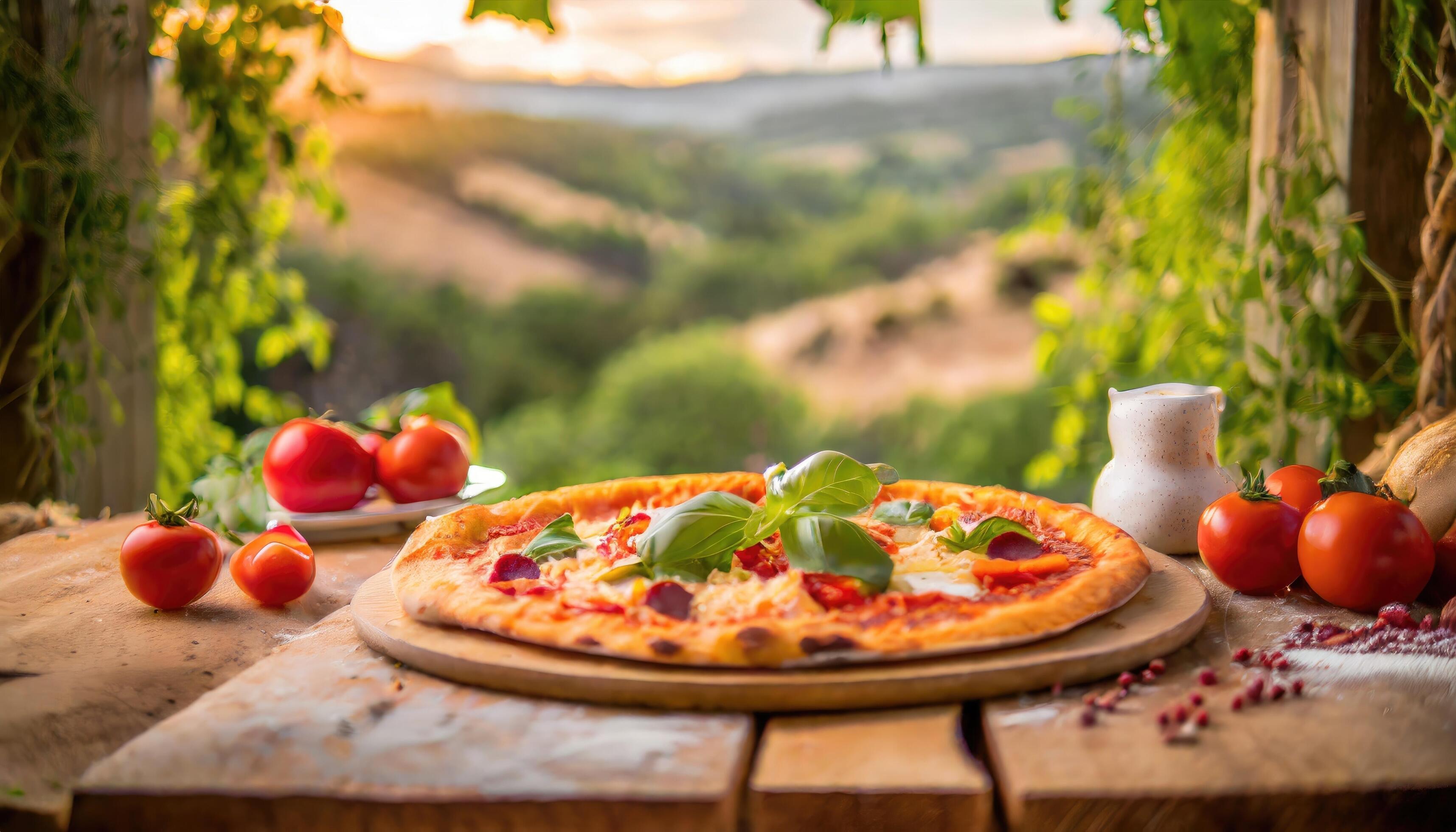 Copy Space image of Pizza Margherita on wooden background, landscape view background. Stock Free