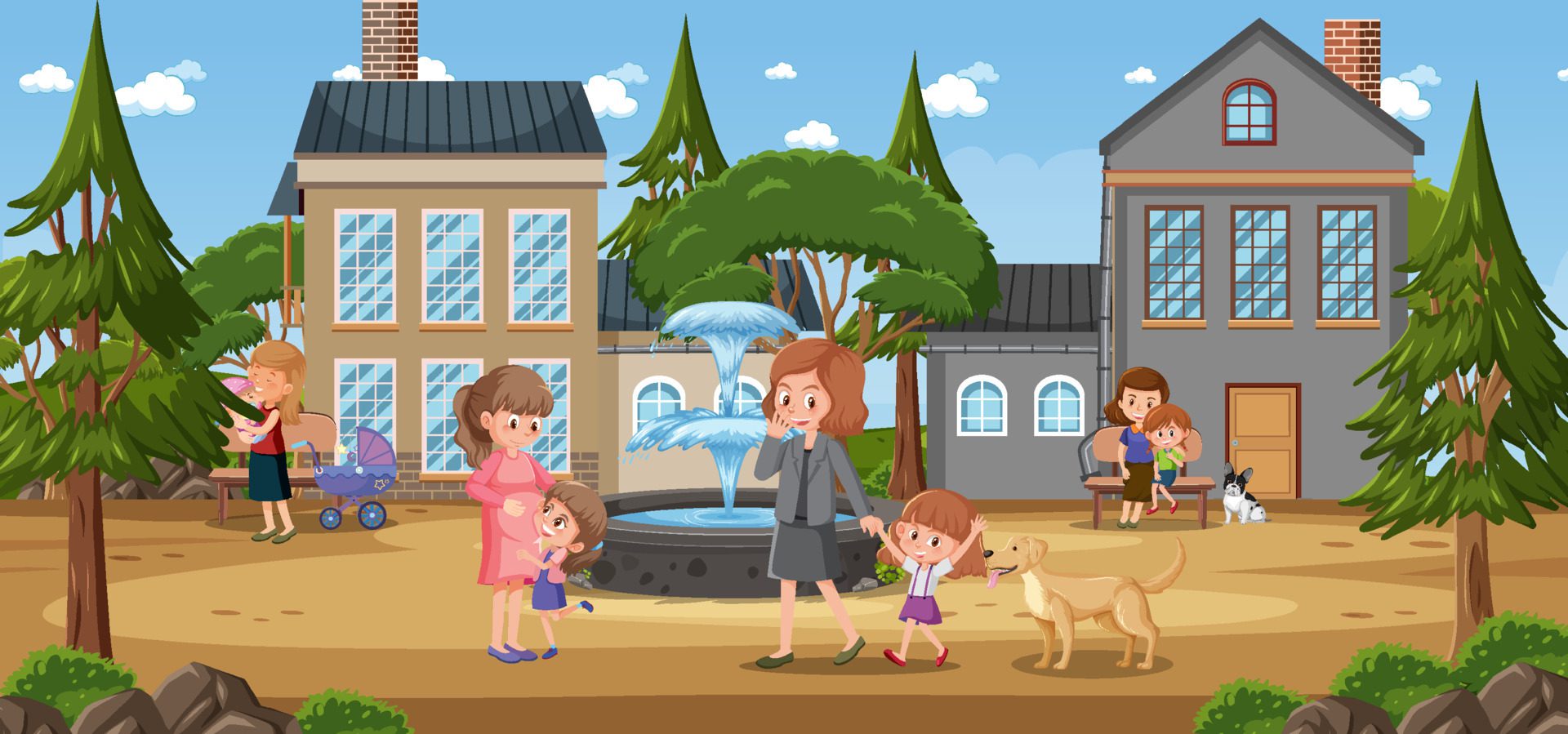 Park scene with many people cartoon Free Vector