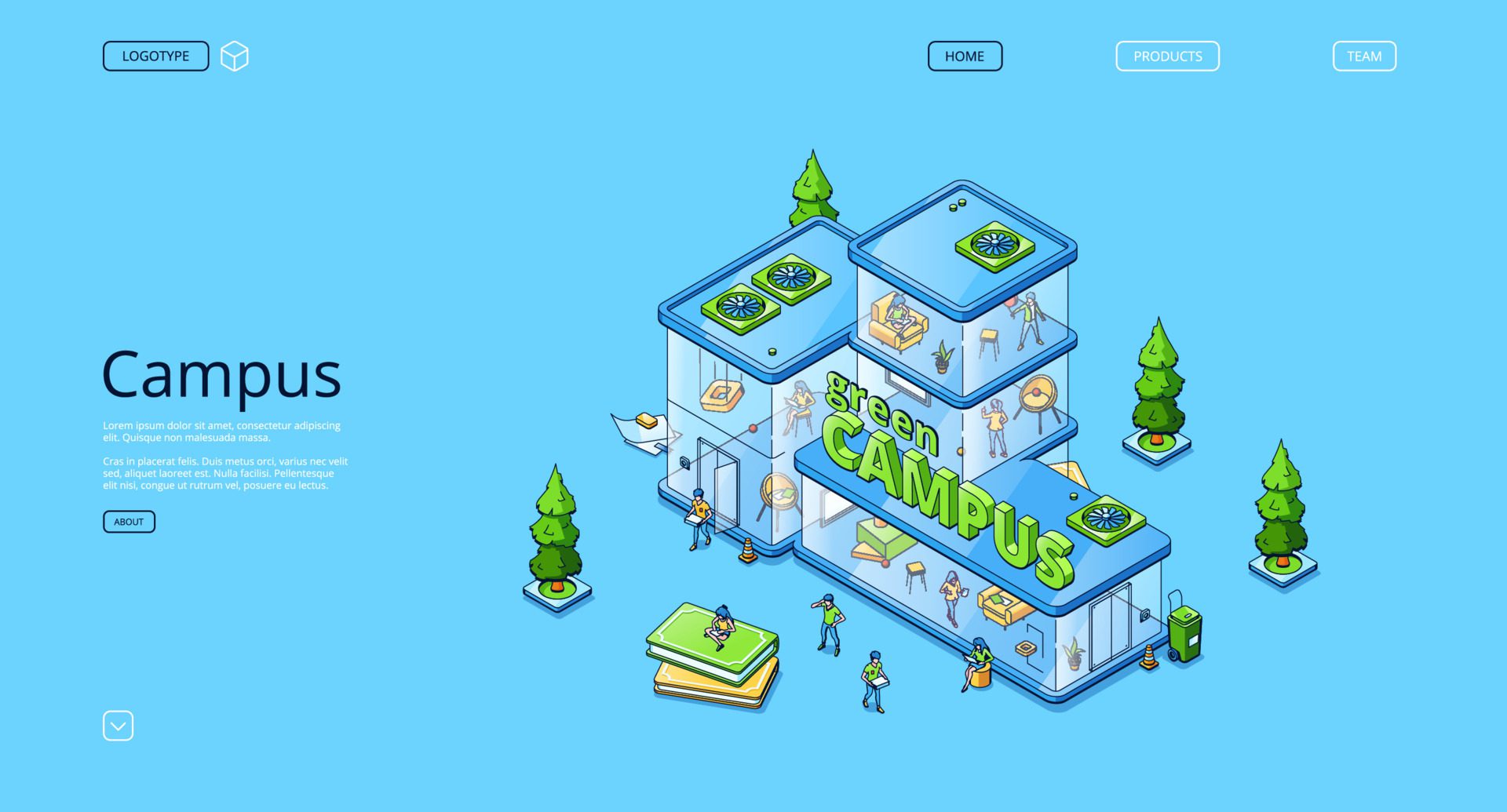 Green campus isometric landing page, people work Free Vector