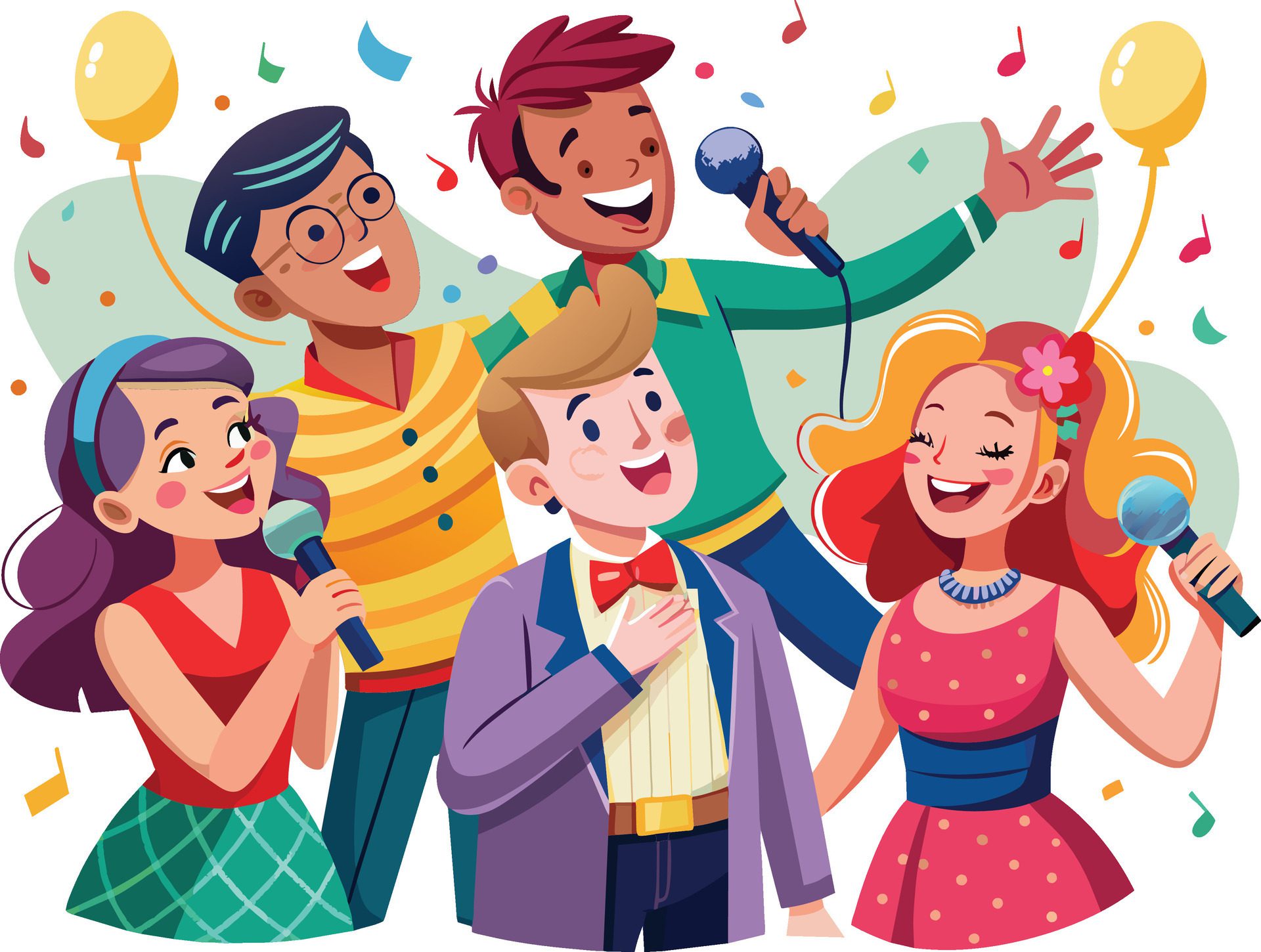 Cartoon karaoke party vector illustration. Group of people singing karaoke with microphones Free Vector