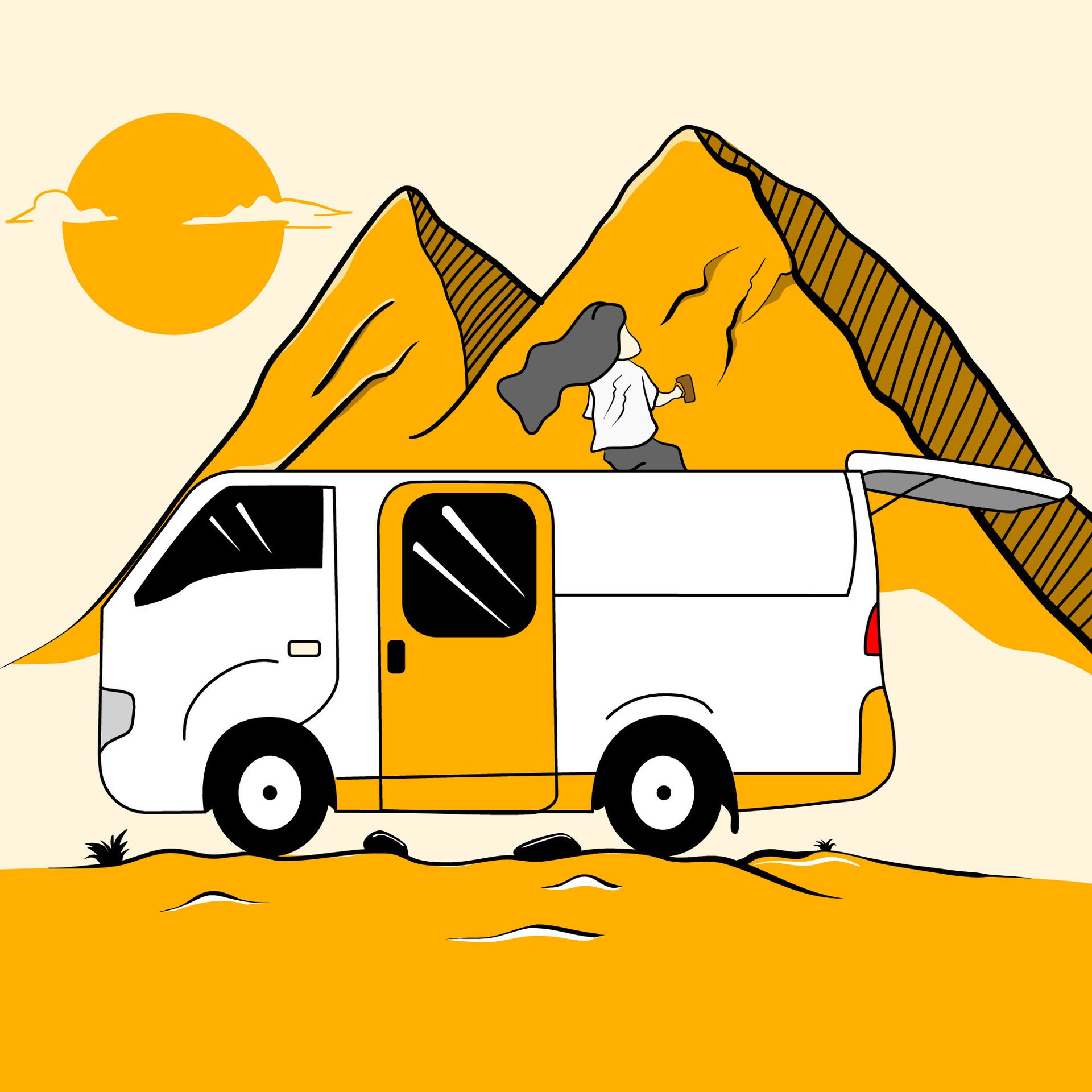 illustration of people drinking coffee in a van while looking at a mountain view in the afternoon Free Vector