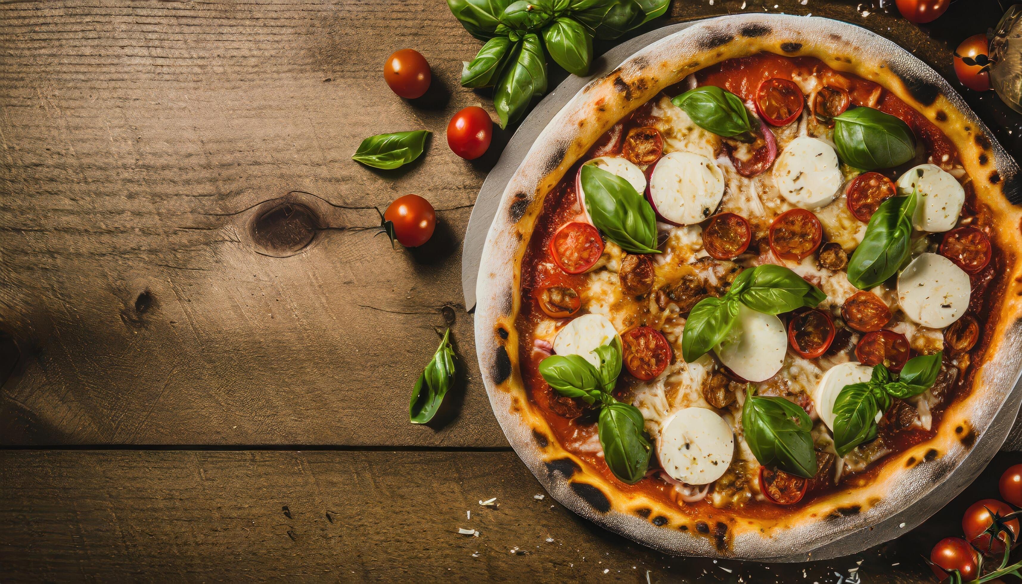 Copy Space image of Pizza Margherita on wooden background, Pizza Margarita with Tomatoes, Stock Free