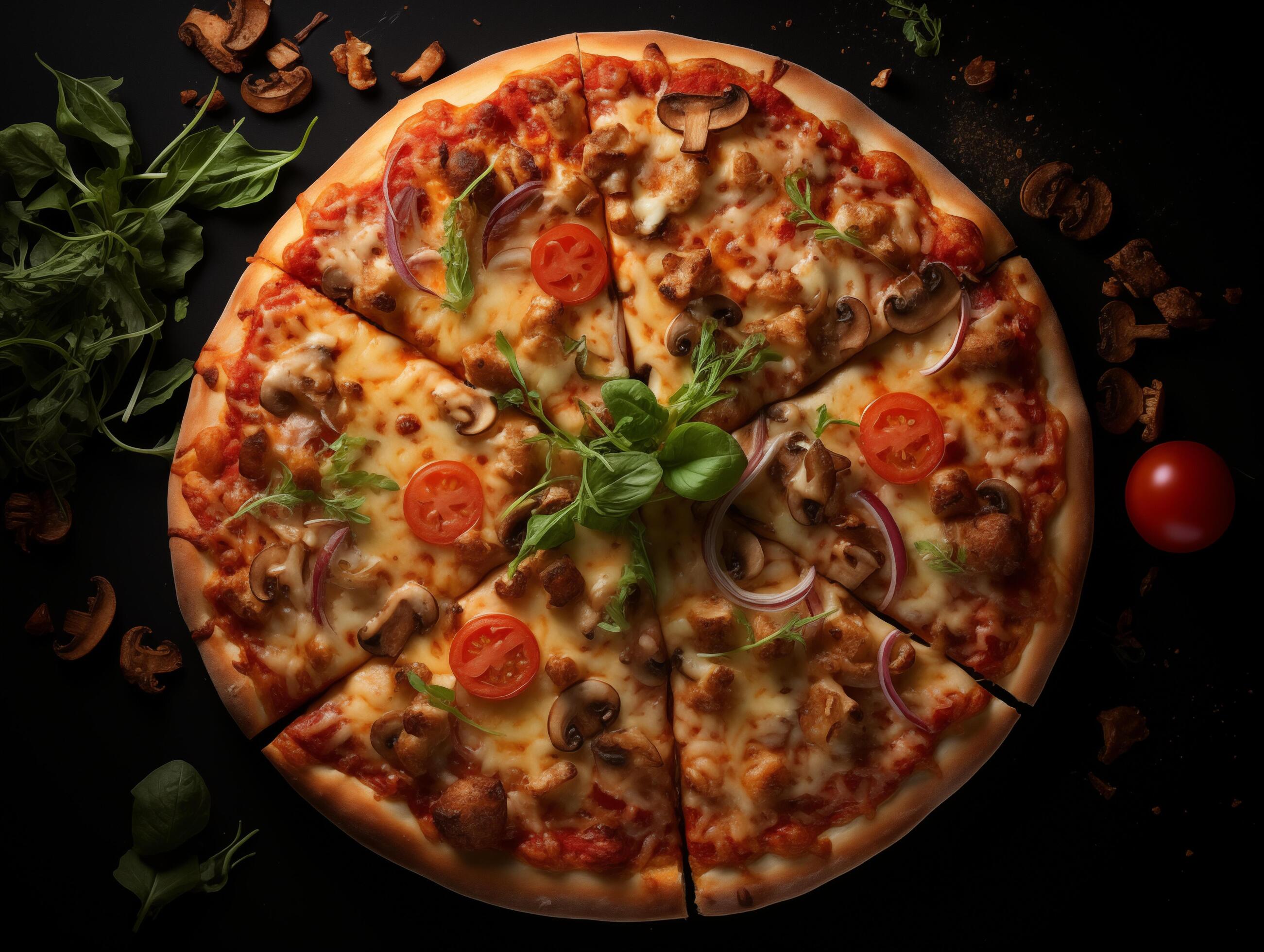 Top view of pizza isolated on black background. Photo for restaurant menu, advertising, delivery, banner Stock Free