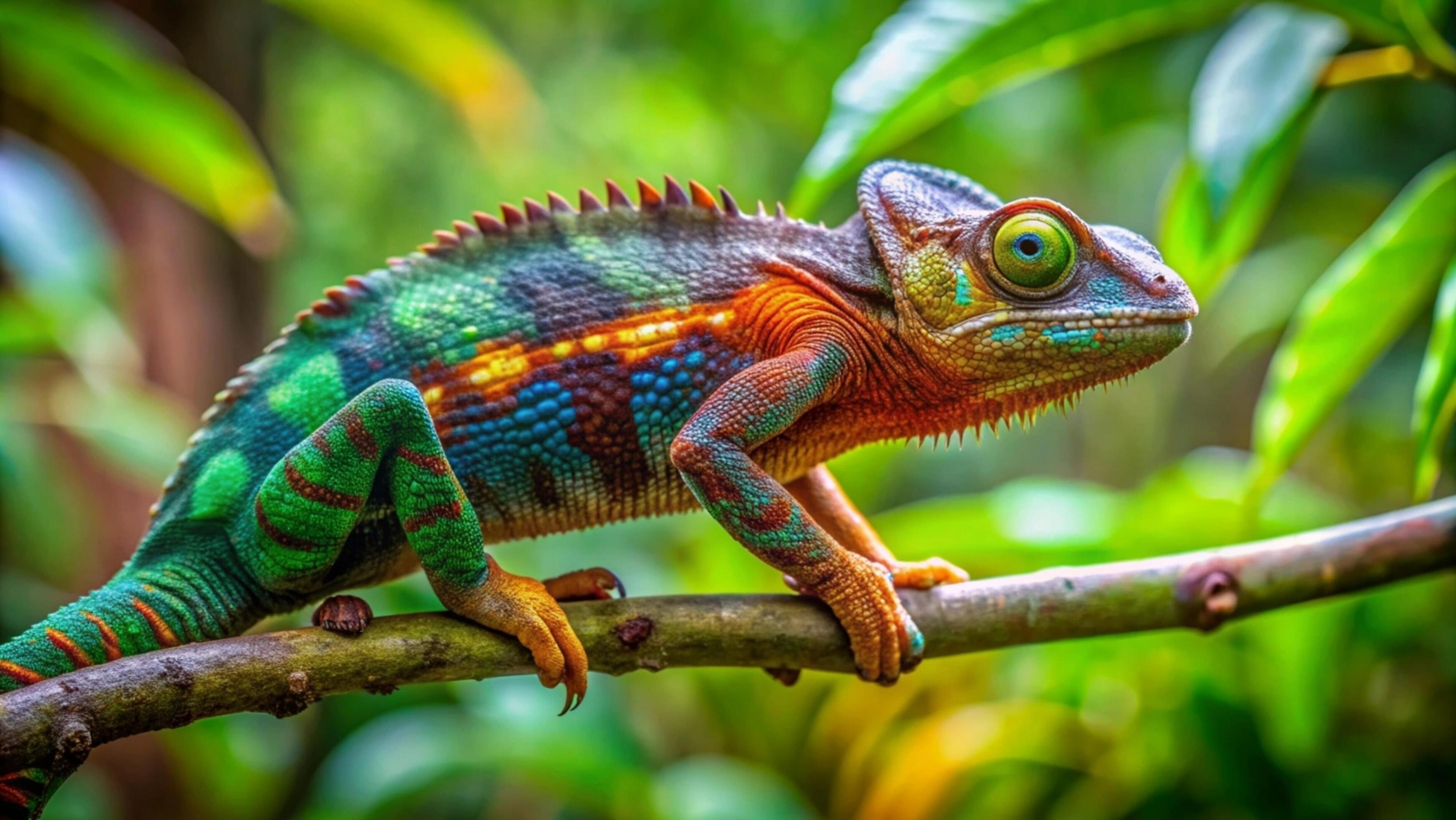 A vibrant chameleon camouflaging against a lush green forest background. Stock Free