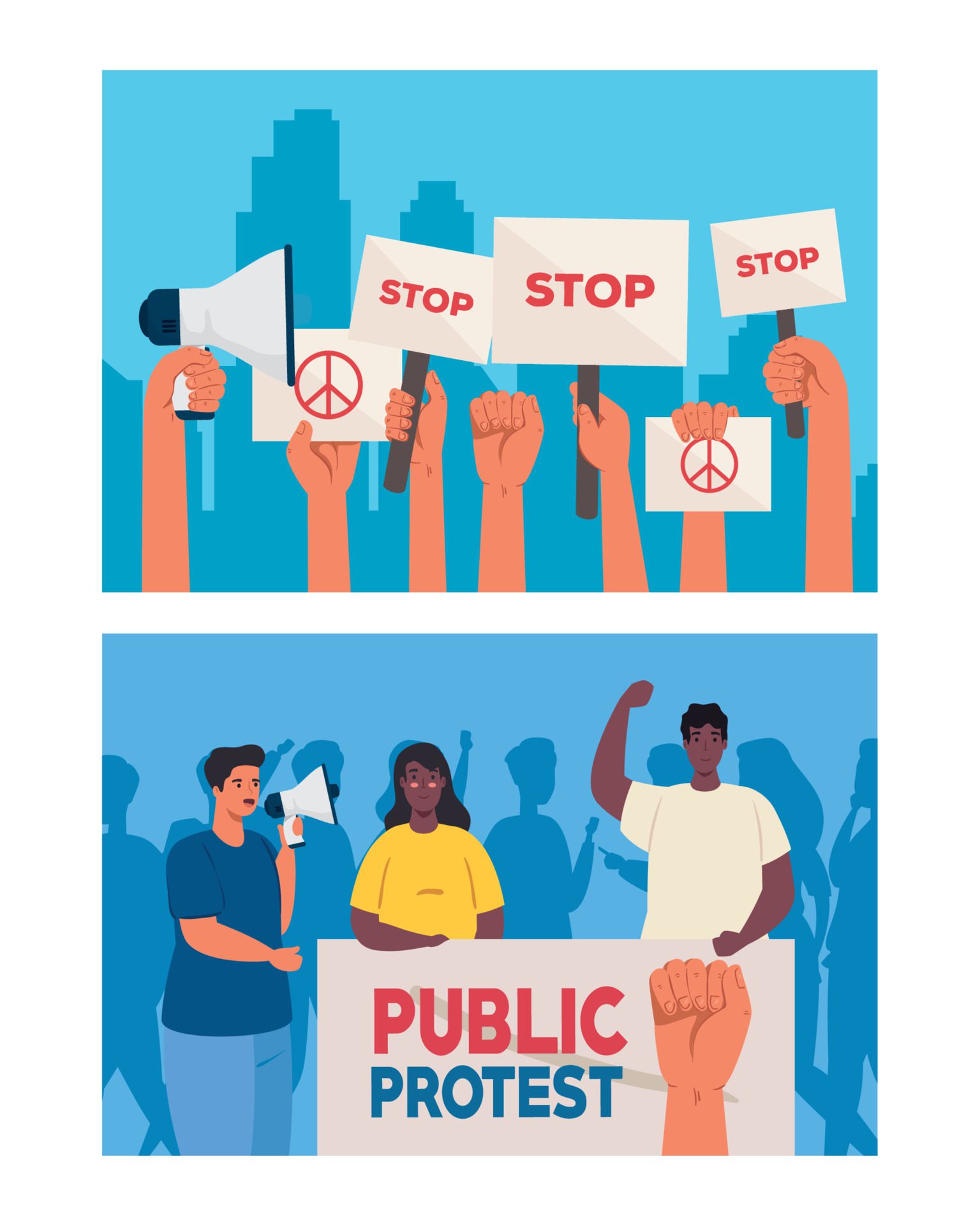 set of scenes people on protests with placards, human right concept Free Vector