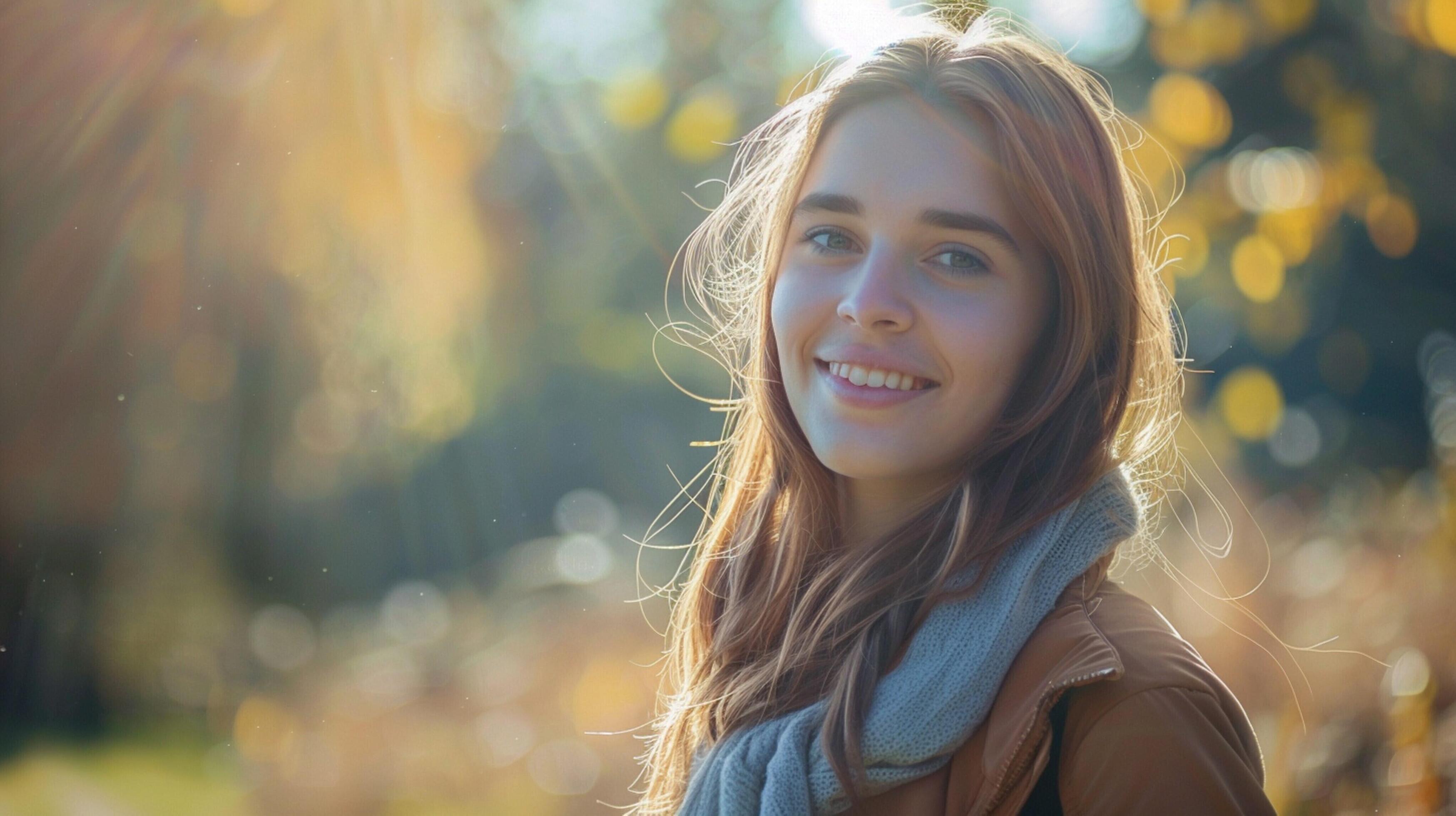 young woman outdoors looking at camera smiling Stock Free