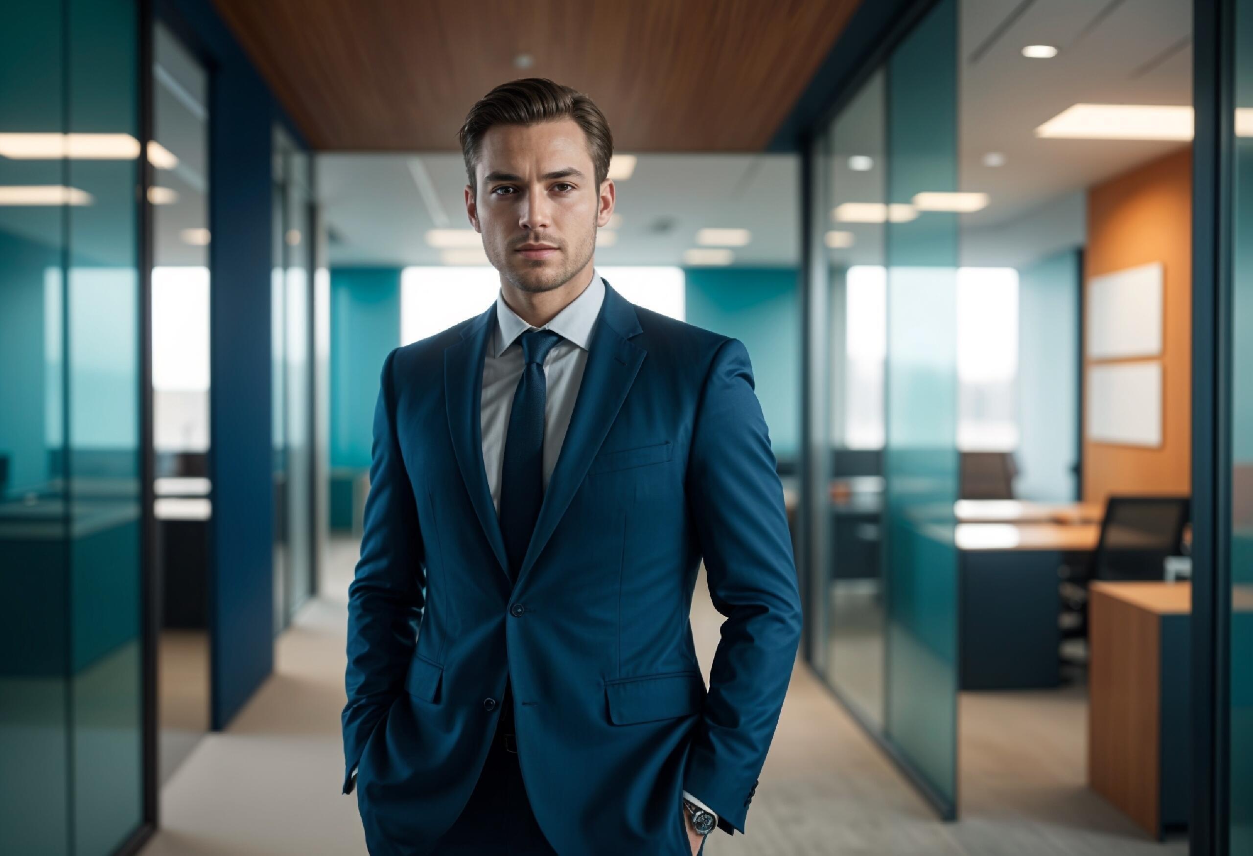 portrait of a middle-aged man in a blue suit stands confidently in a sleek, modern office hallway Stock Free