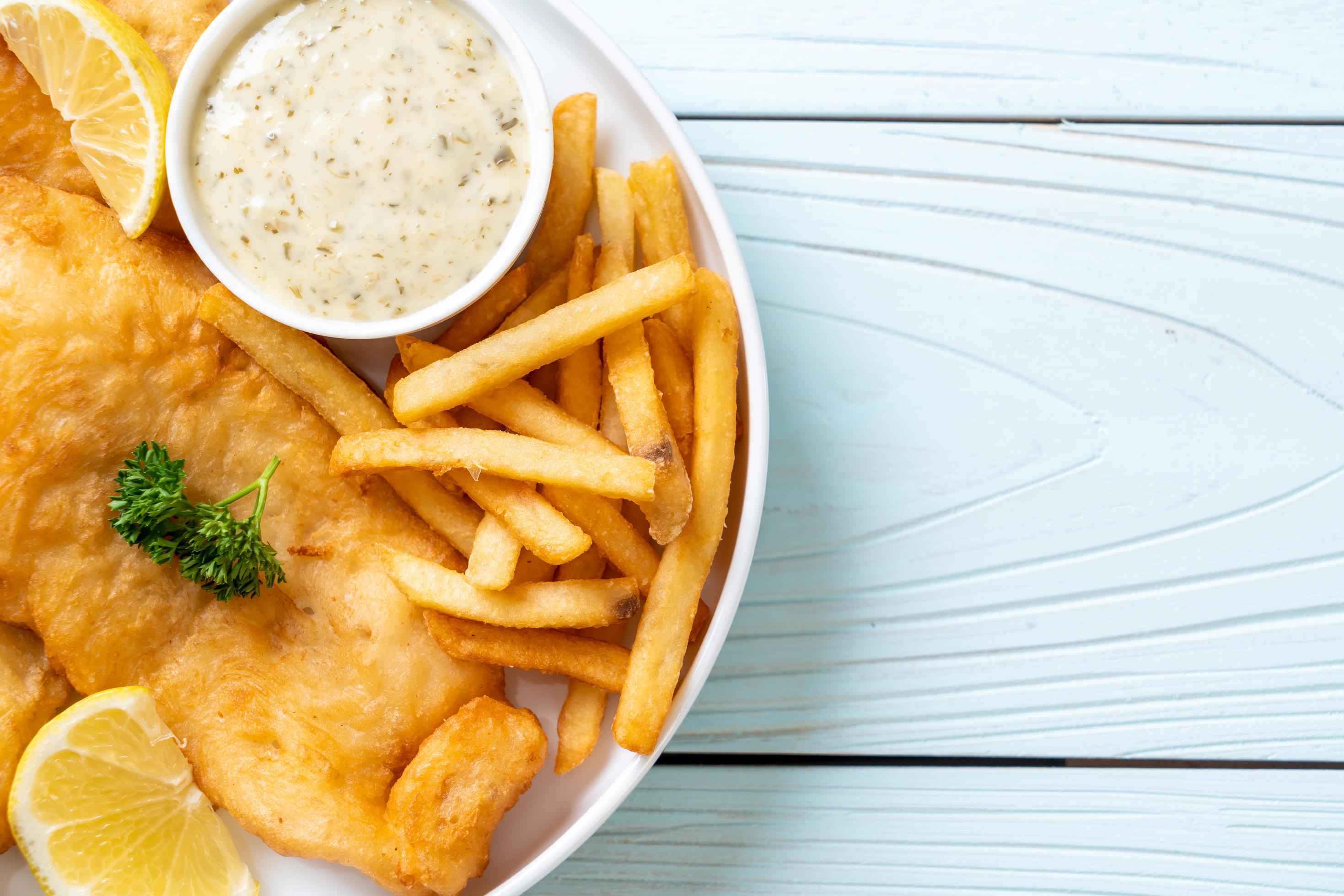 Fish and chips with french fries – unhealthy food Stock Free