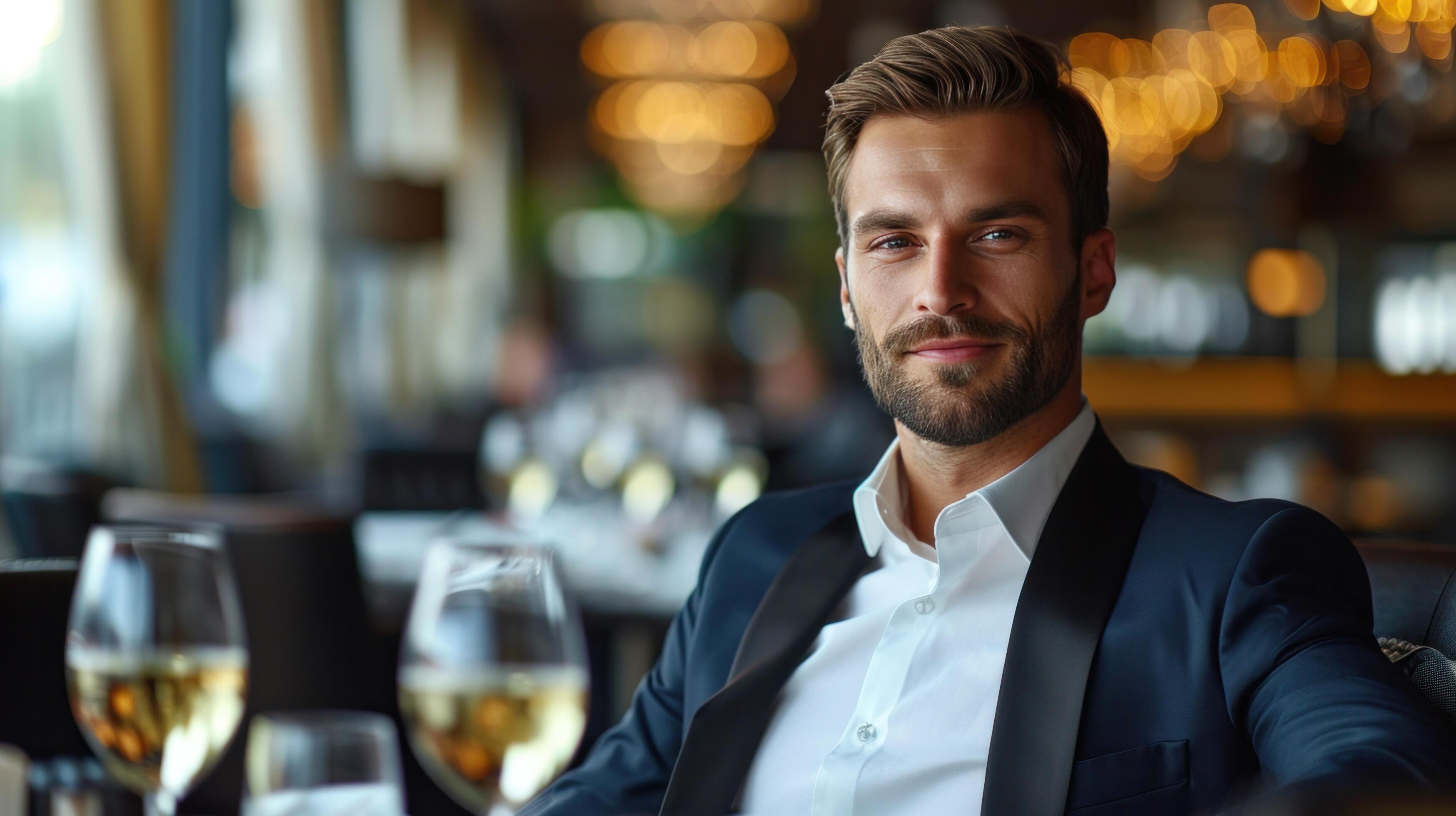 AI generated elegant business man sitting in luxury restaurant with glass of shampagne Stock Free