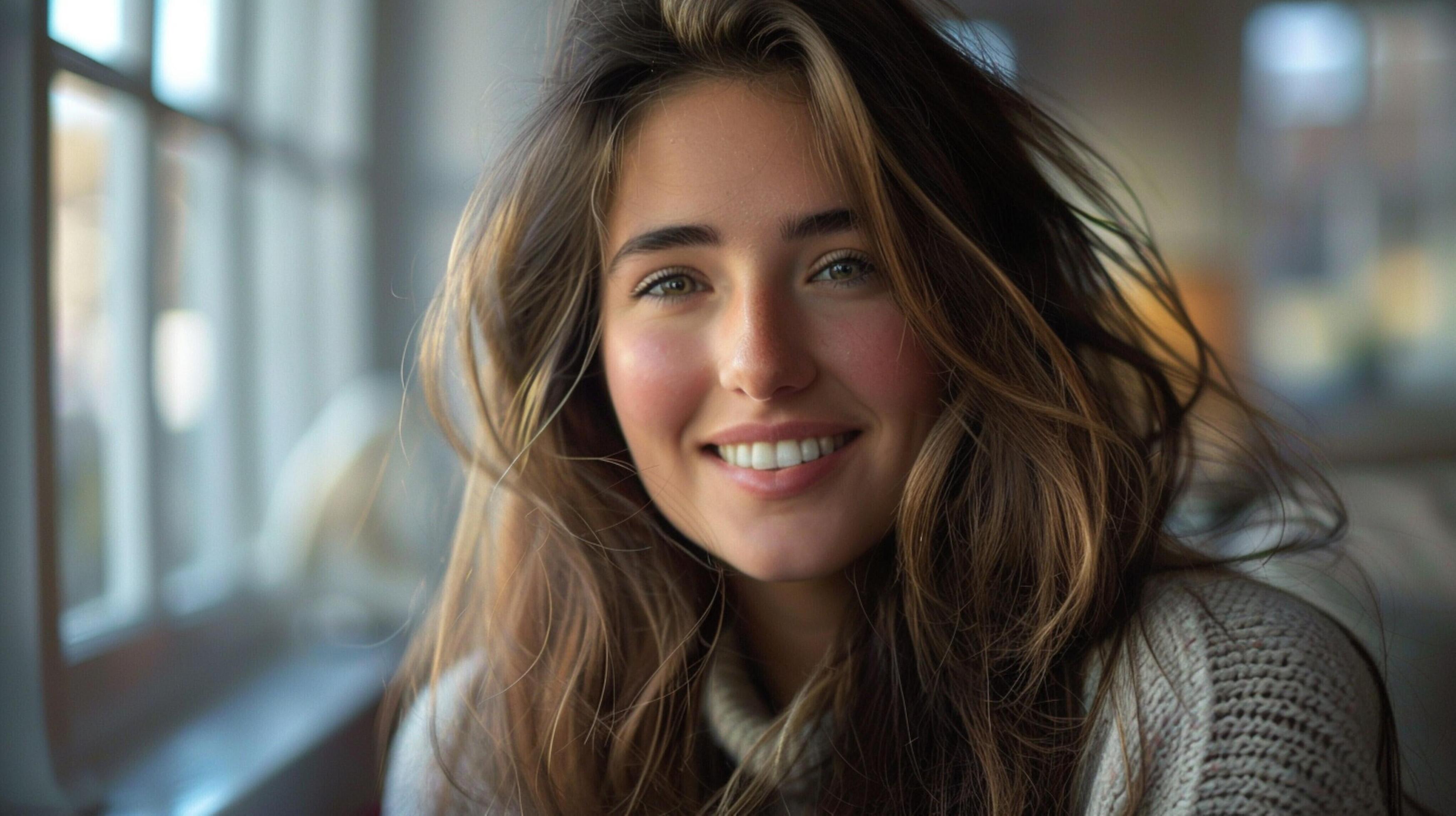 young woman with long brown hair smiling Stock Free