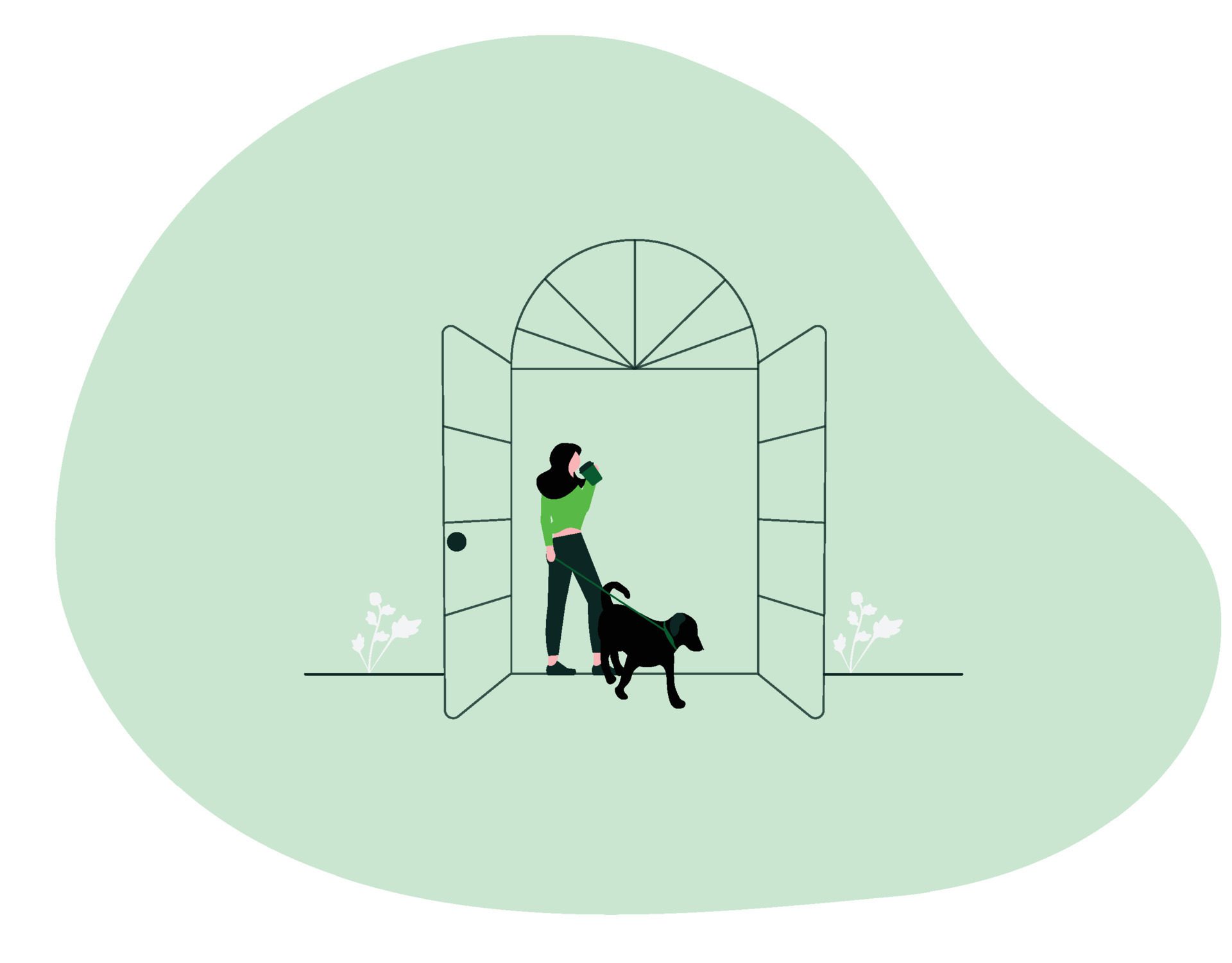 A Young Woman Walks With A Dog Flat Design Free Vector